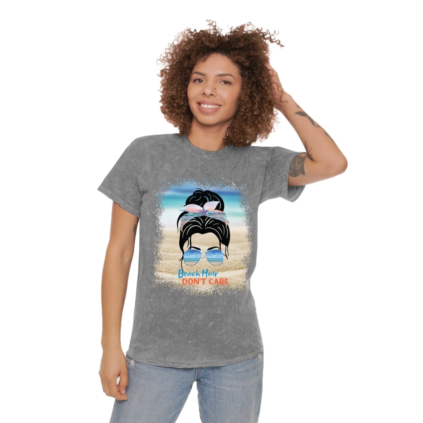 Beach Hair Don't Care Black Hair Messy Bun, Unisex Mineral Wash T-Shirt - Janlyn's Crafts