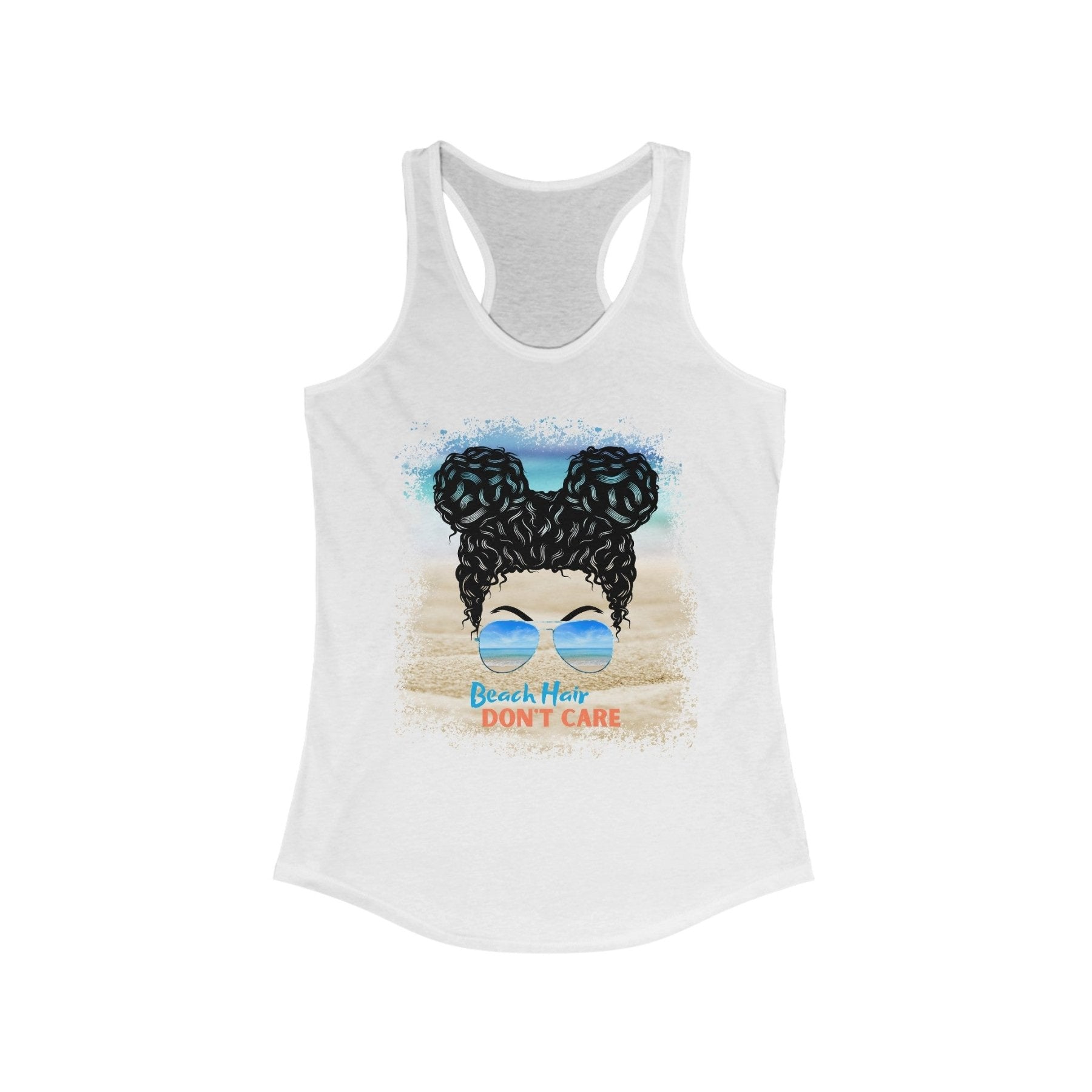 Beach Hair Don't Care, Black Hair Messy Bun, Women's Ideal Racerback Tank - Janlyn's Crafts