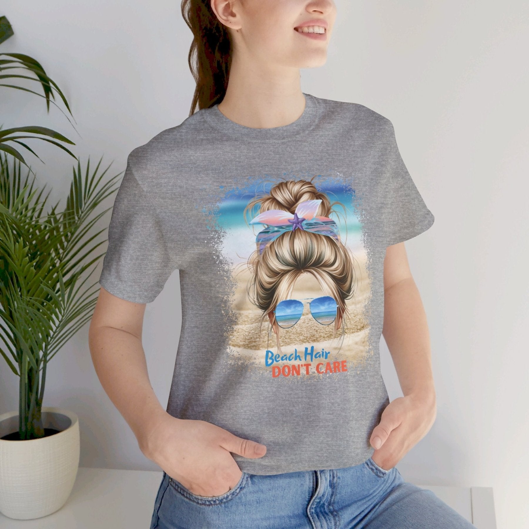 Beach Hair Don't Care, Blond Hair Messy Bun, Unisex Jersey Short Sleeve Tee - Janlyn's Crafts