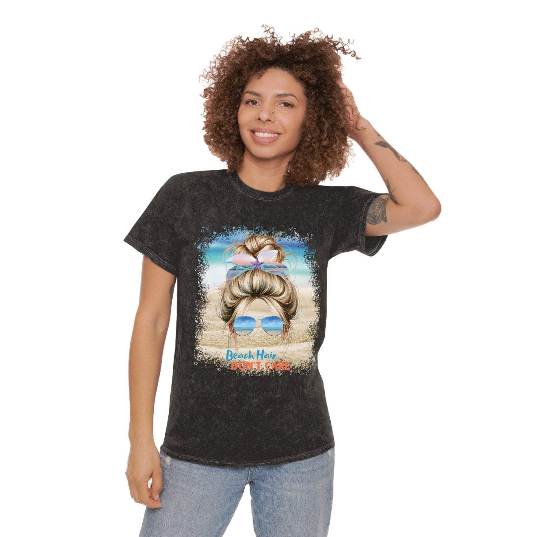 Beach Hair Don't Care Blond Hair Messy Bun, Unisex Mineral Wash T-Shirt - Janlyn's Crafts