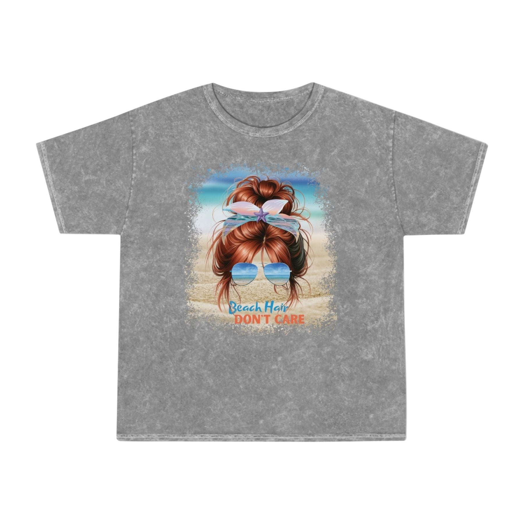 Beach Hair Don't Care Red Hair Messy Bun, Unisex Mineral Wash T-Shirt - Janlyn's Crafts