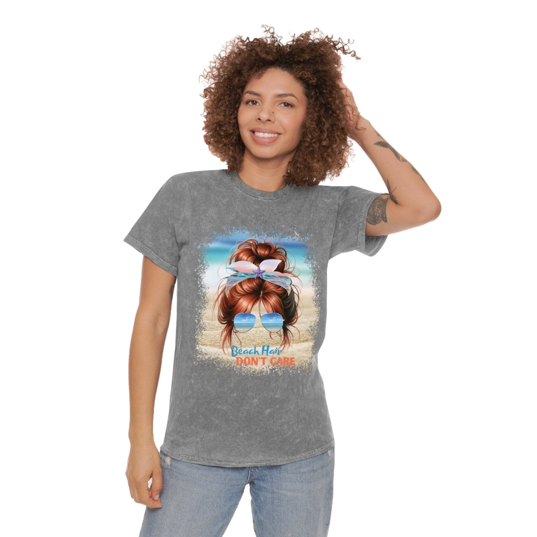 Beach Hair Don't Care Red Hair Messy Bun, Unisex Mineral Wash T-Shirt - Janlyn's Crafts