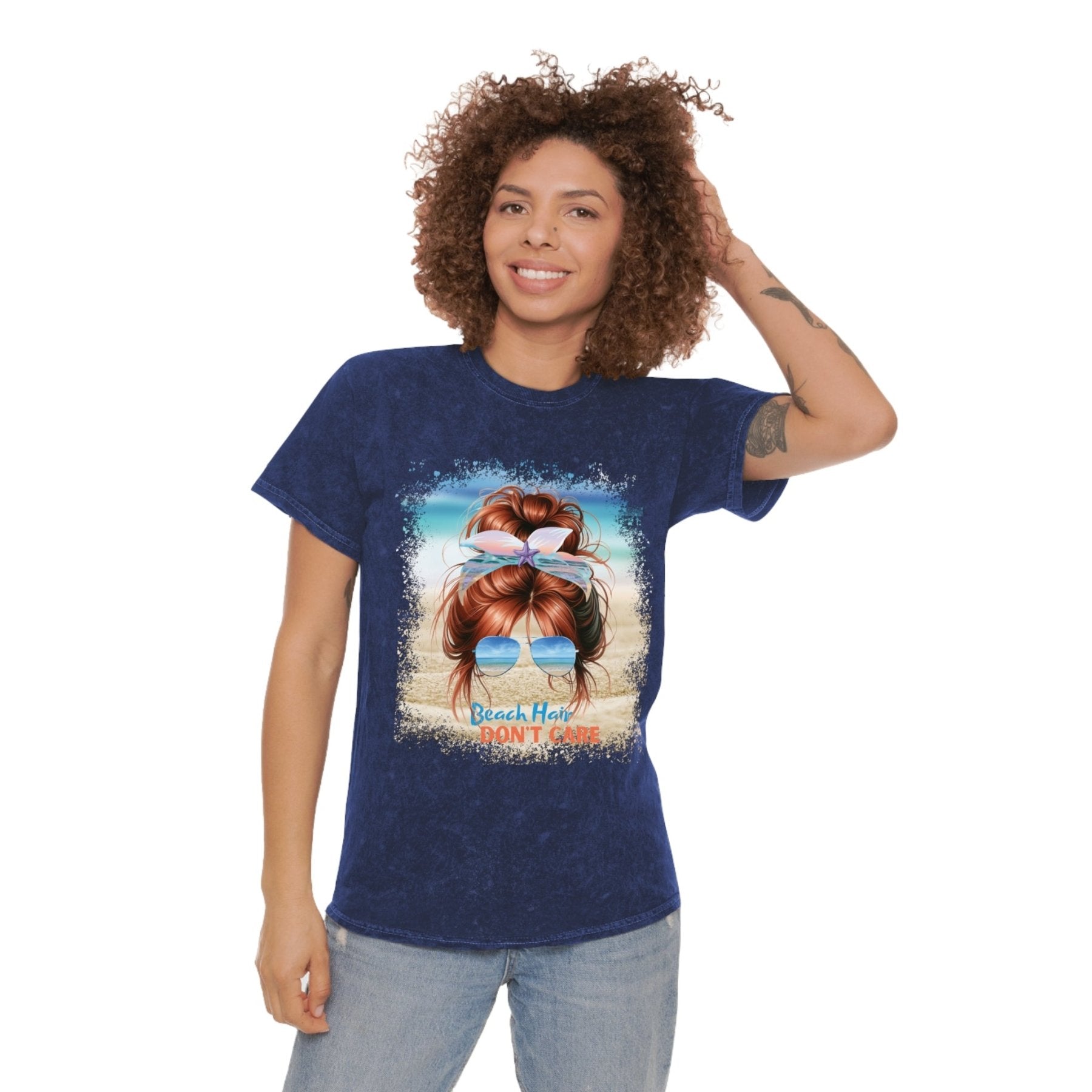 Beach Hair Don't Care Red Hair Messy Bun, Unisex Mineral Wash T-Shirt - Janlyn's Crafts