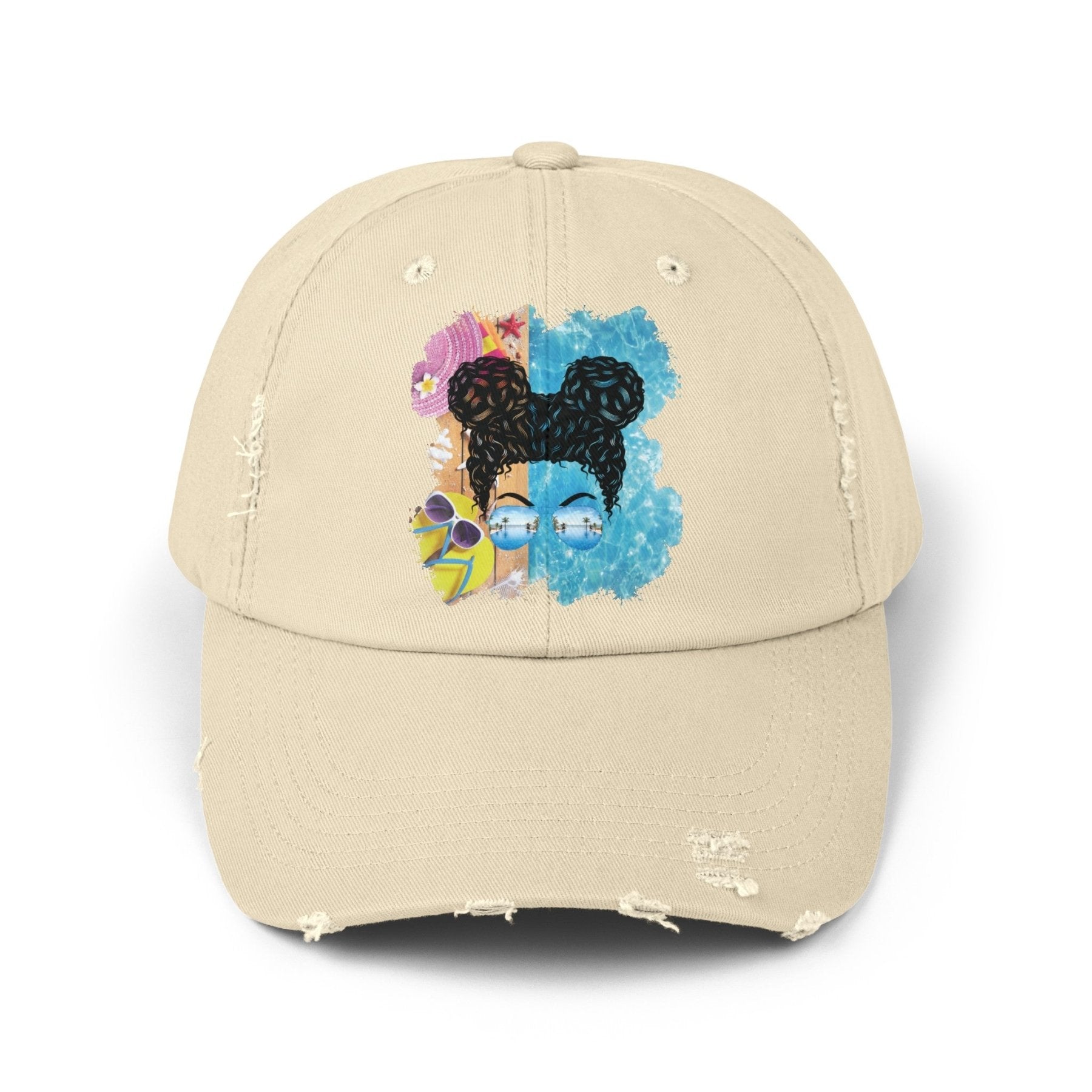 Black Hair Messy Bun, Pool Scene, Unisex Distressed Cap - Janlyn's Crafts