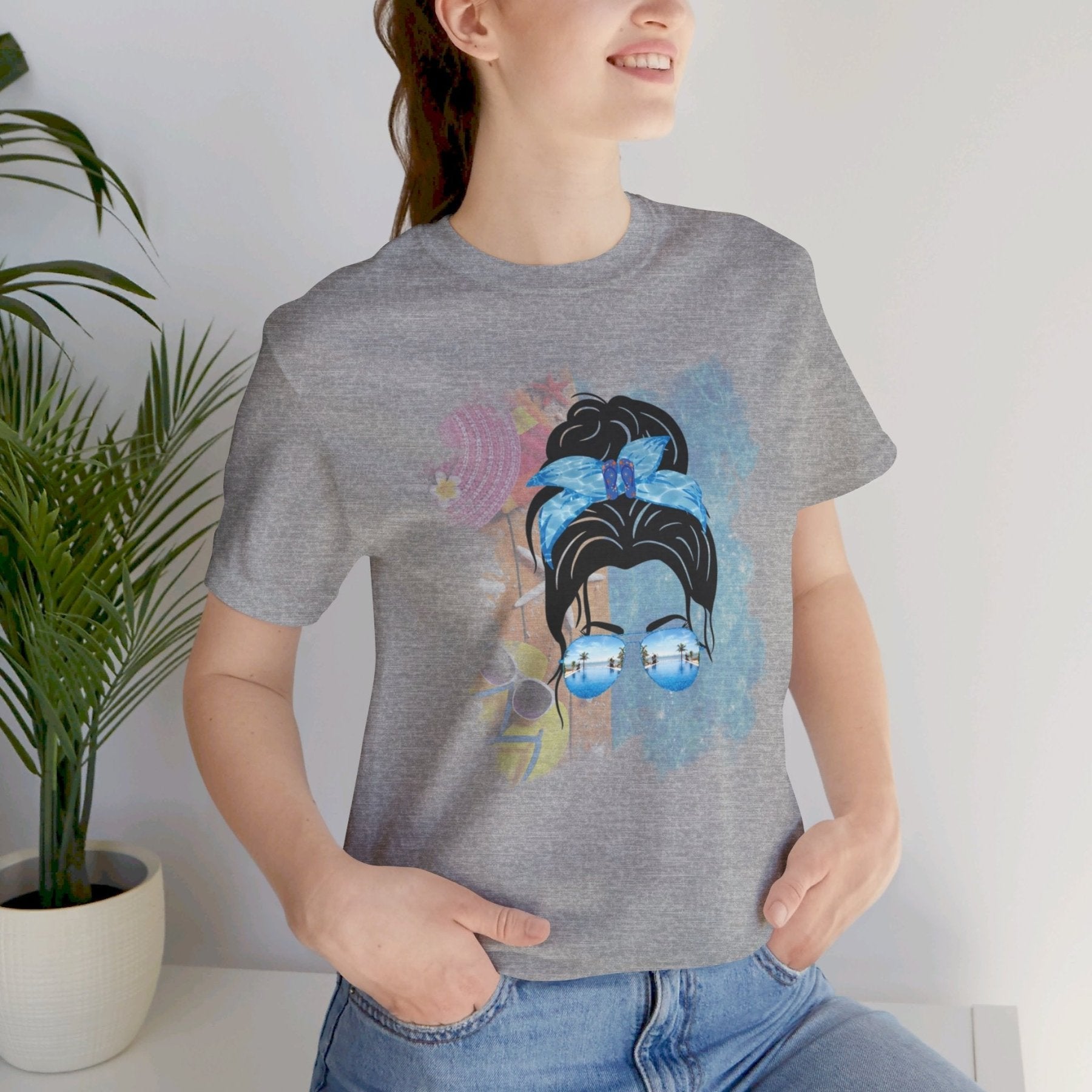 Black Hair Messy Bun, Pool Scene, Unisex Jersey Short Sleeve Tee - Janlyn's Crafts