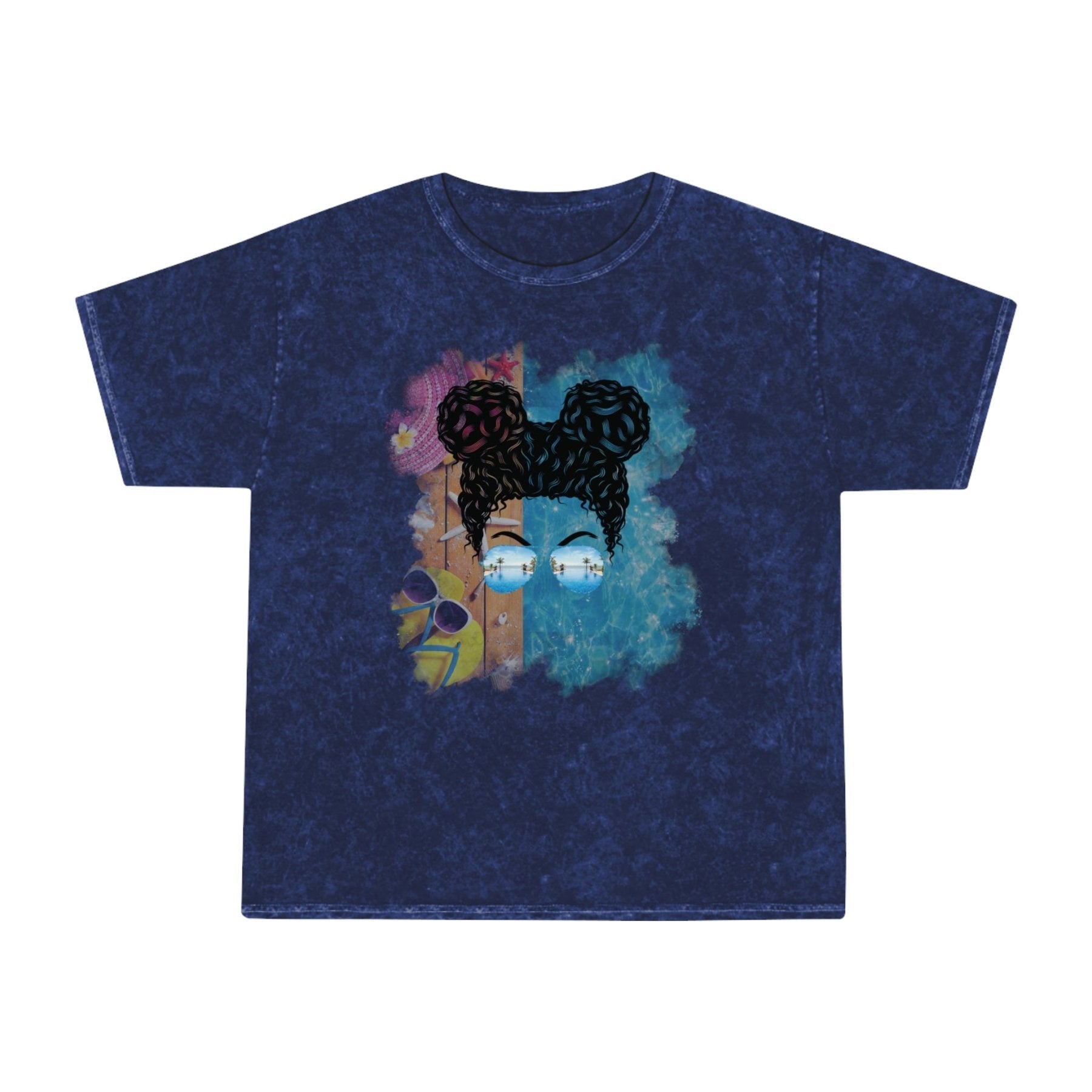 Black Hair Messy Bun, Pool Scene, Unisex Mineral Wash T - Shirt - Janlyn's Crafts