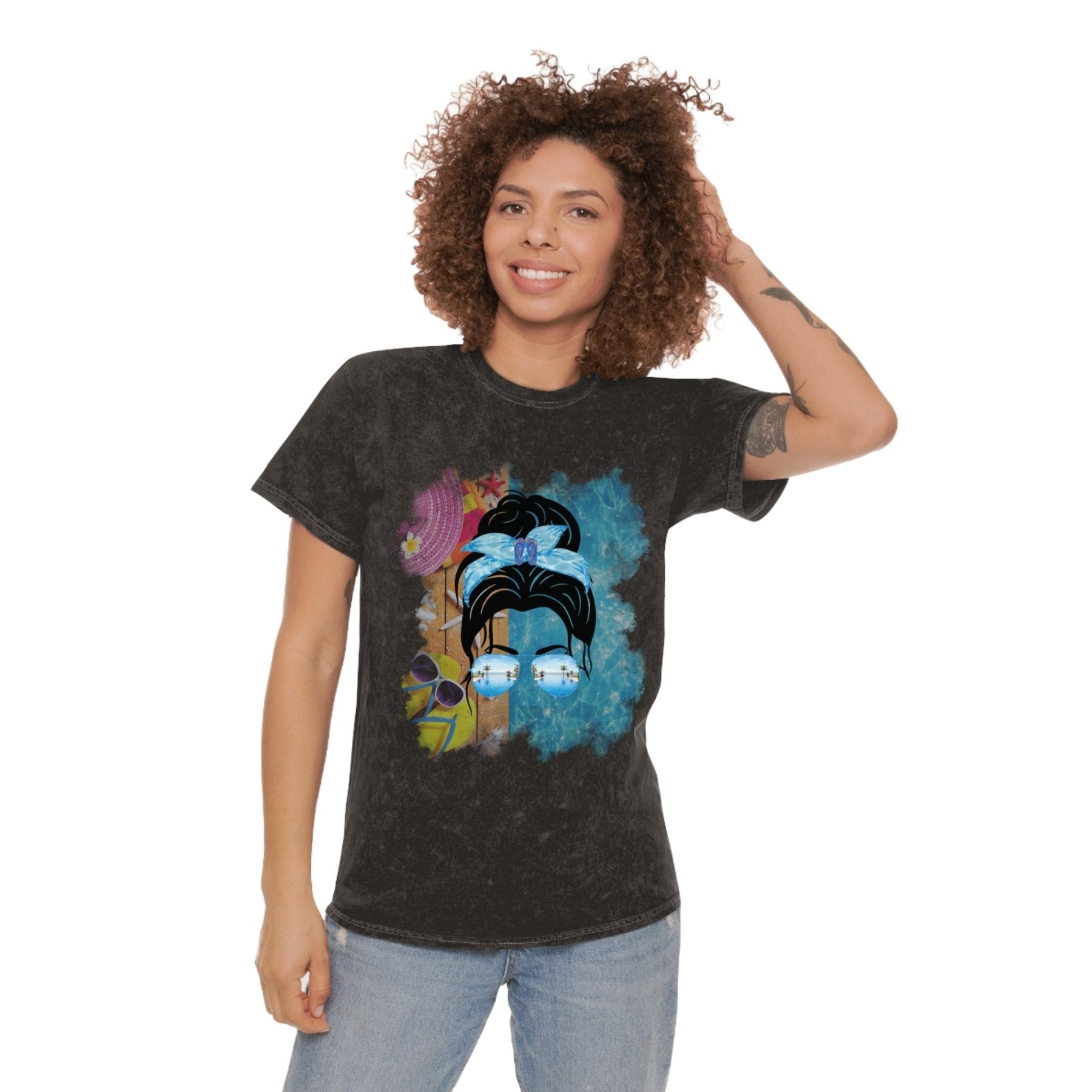 Black Hair Messy Bun, Pool Scene, Unisex Mineral Wash T - Shirt - Janlyn's Crafts