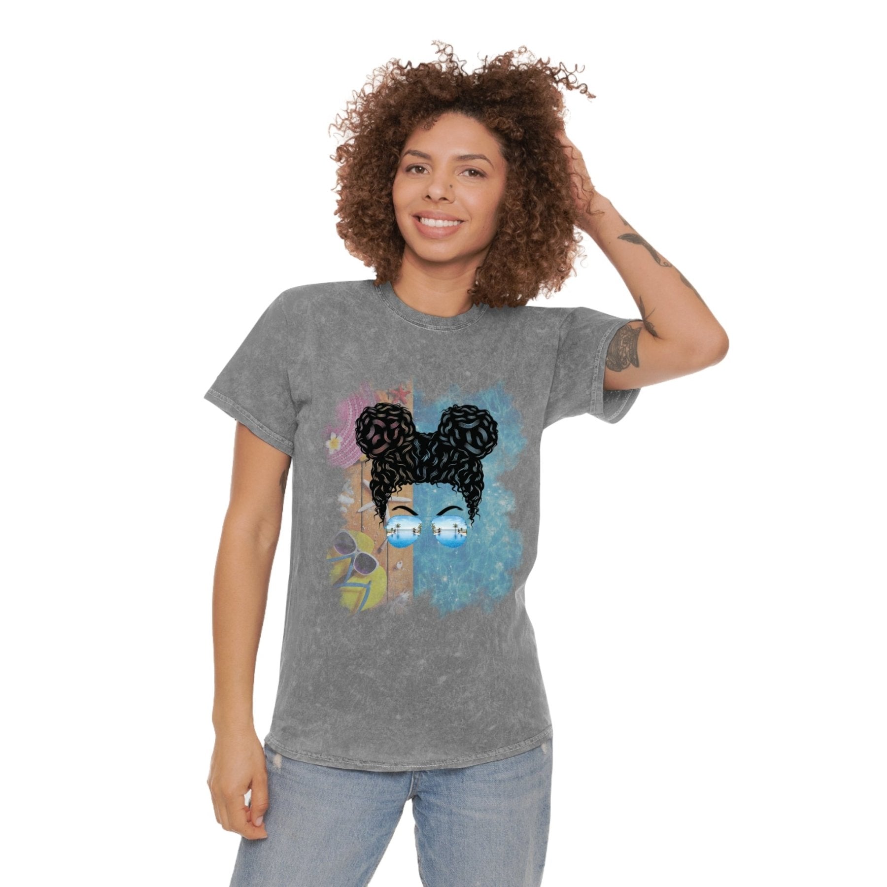 Black Hair Messy Bun, Pool Scene, Unisex Mineral Wash T - Shirt - Janlyn's Crafts