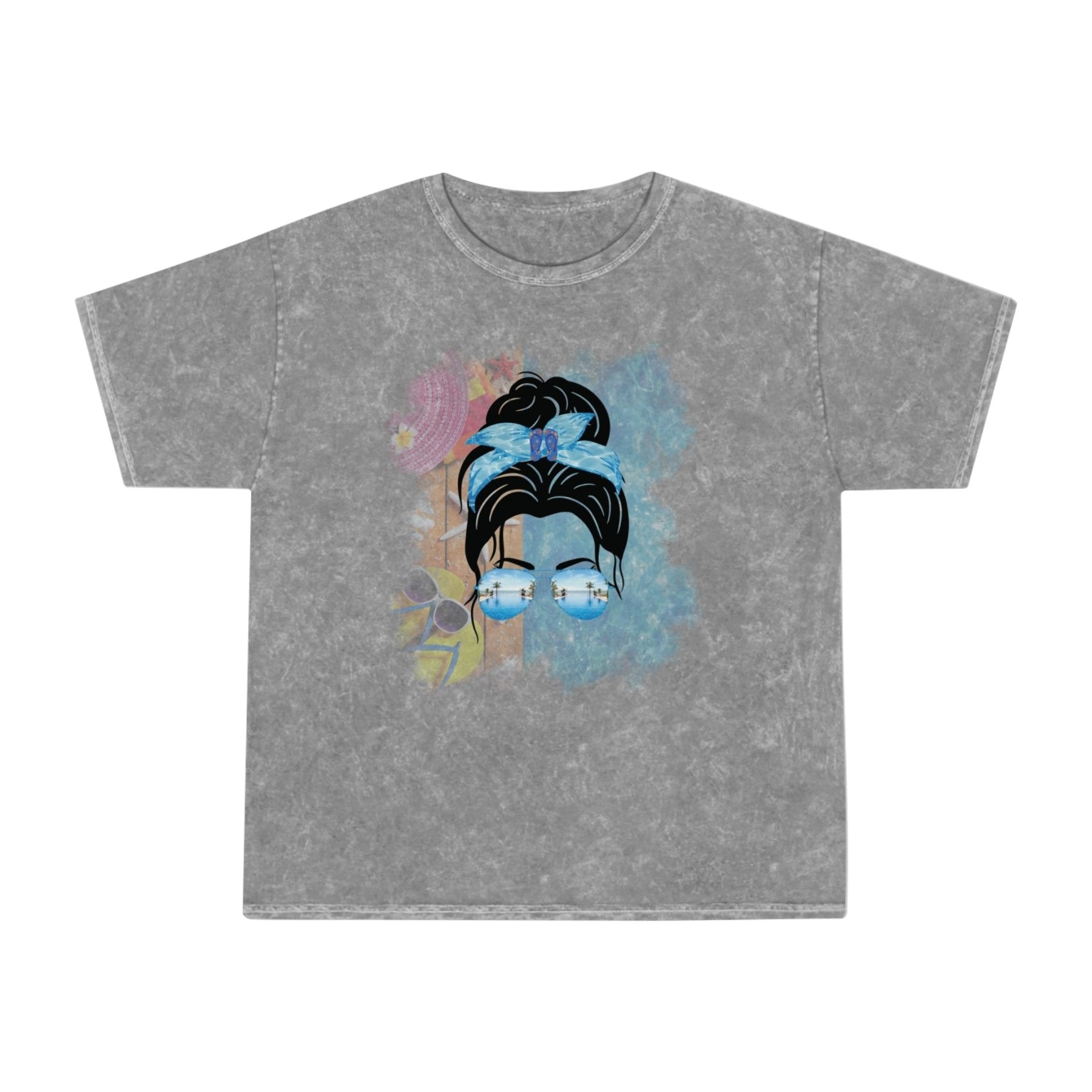 Black Hair Messy Bun, Pool Scene, Unisex Mineral Wash T - Shirt - Janlyn's Crafts