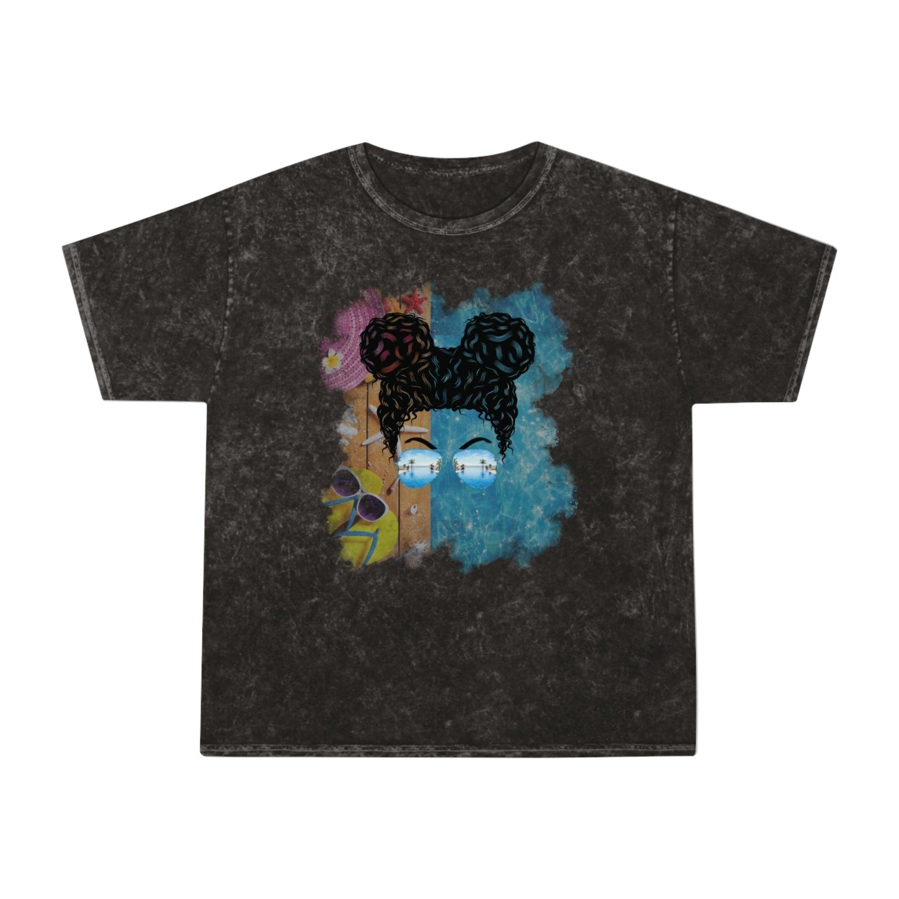 Black Hair Messy Bun, Pool Scene, Unisex Mineral Wash T - Shirt - Janlyn's Crafts