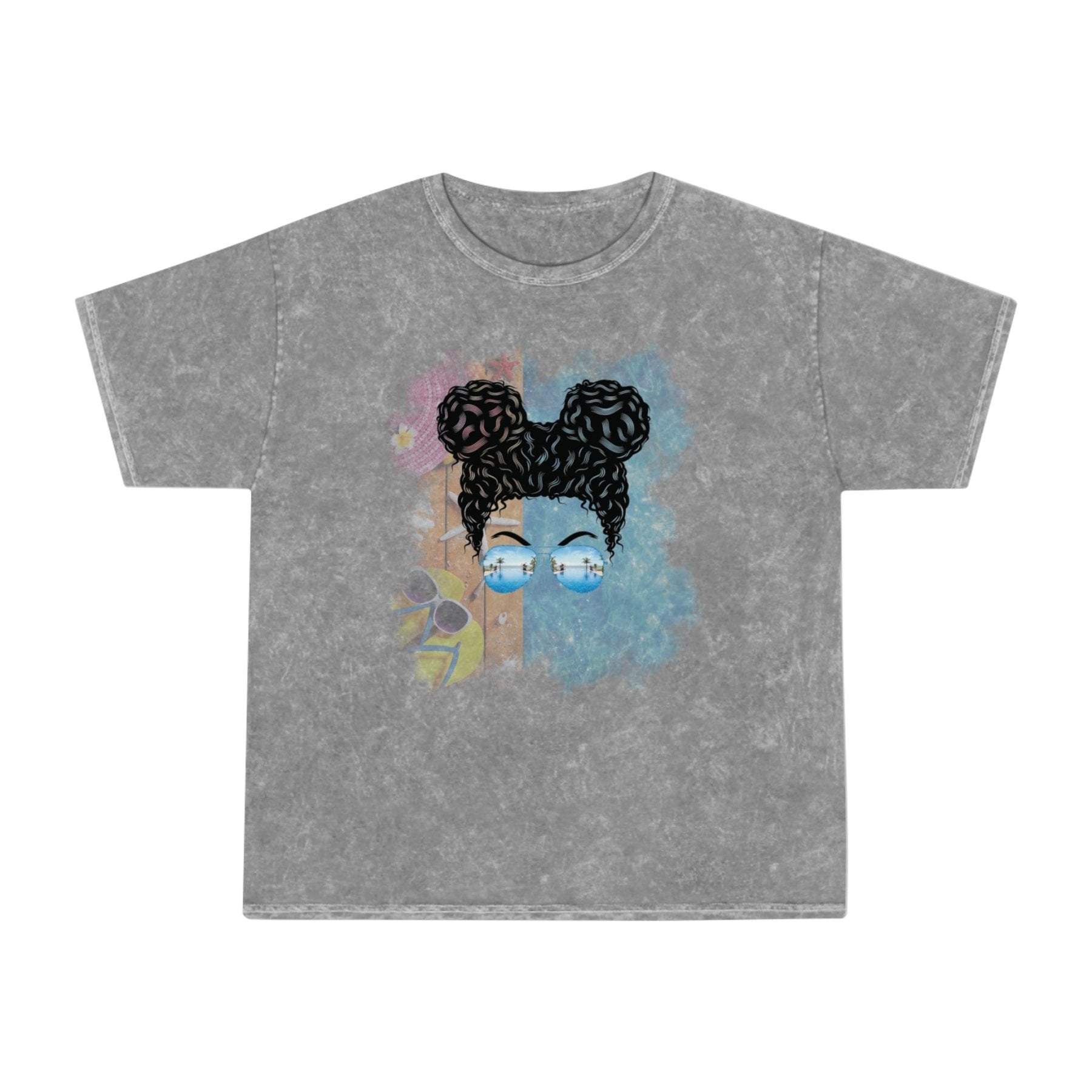 Black Hair Messy Bun, Pool Scene, Unisex Mineral Wash T - Shirt - Janlyn's Crafts