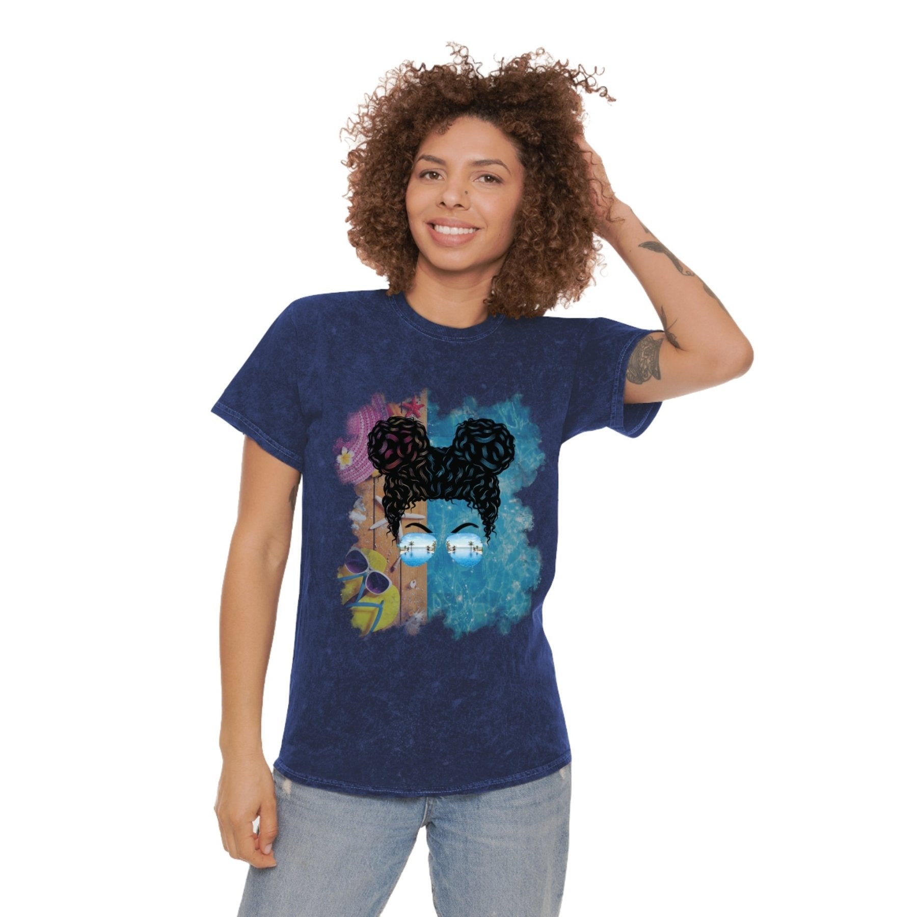 Black Hair Messy Bun, Pool Scene, Unisex Mineral Wash T - Shirt - Janlyn's Crafts