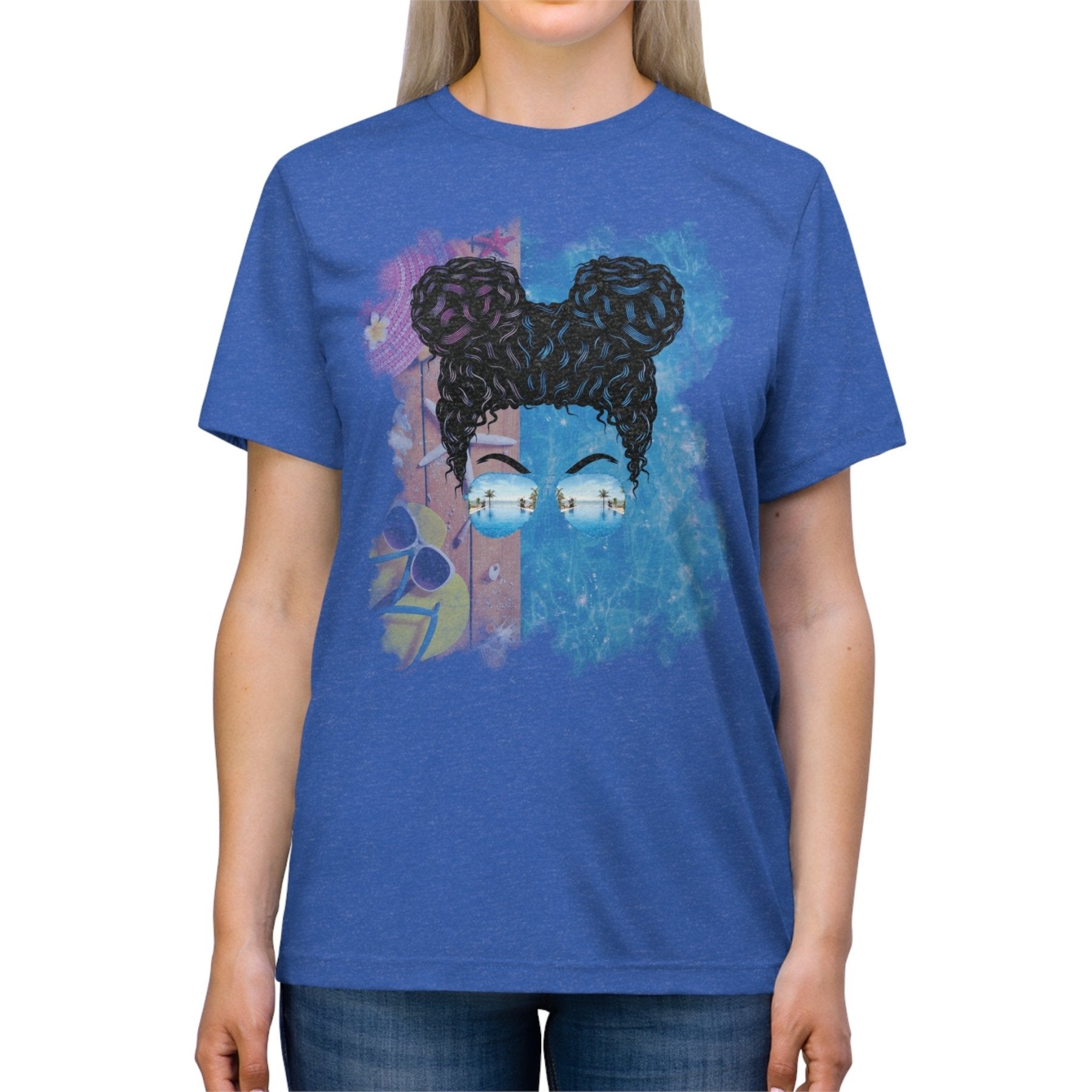 Black Hair Messy Bun, Pool Scene, Unisex Triblend T - Shirt - Janlyn's Crafts