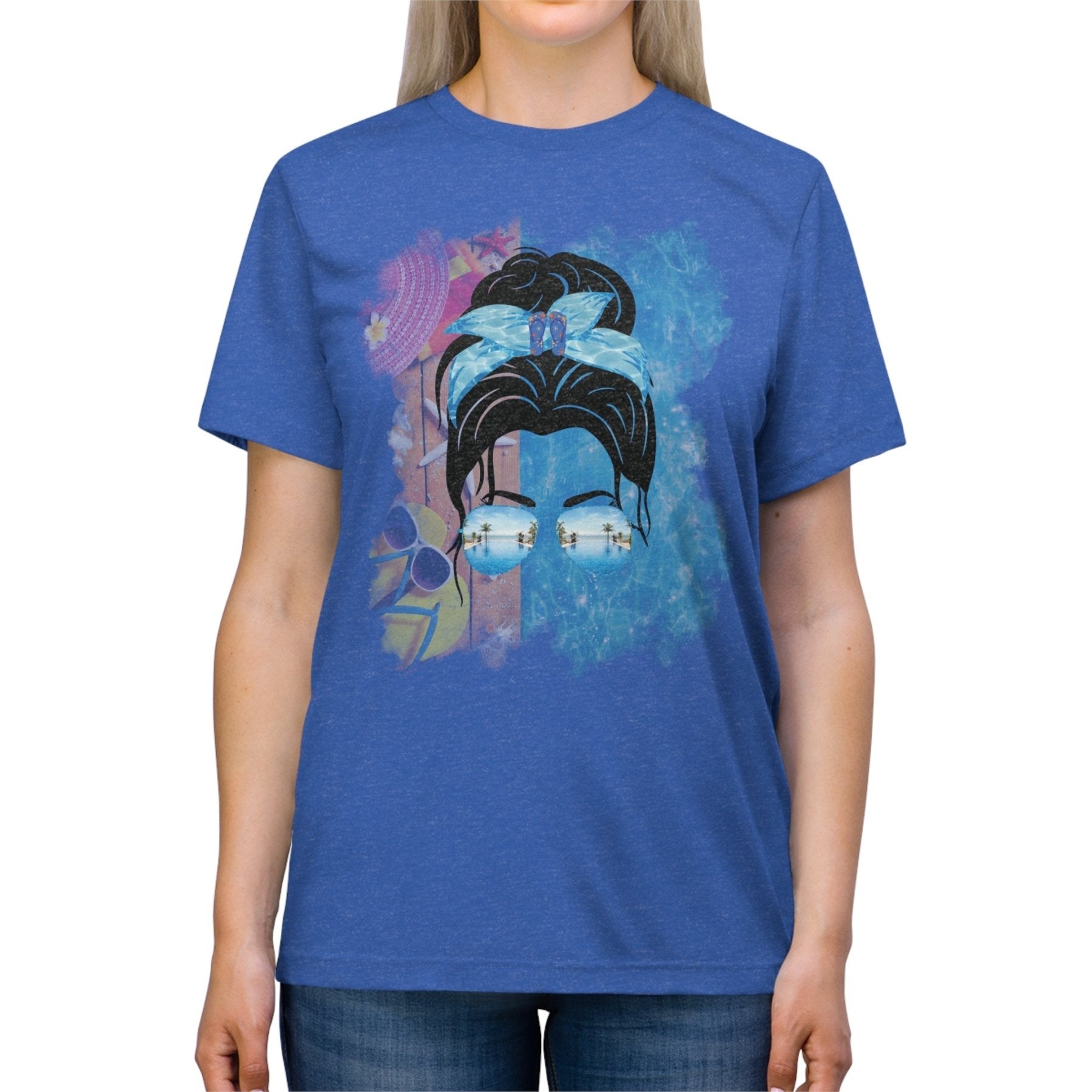 Black Hair Messy Bun, Pool Scene, Unisex Triblend T - Shirt - Janlyn's Crafts