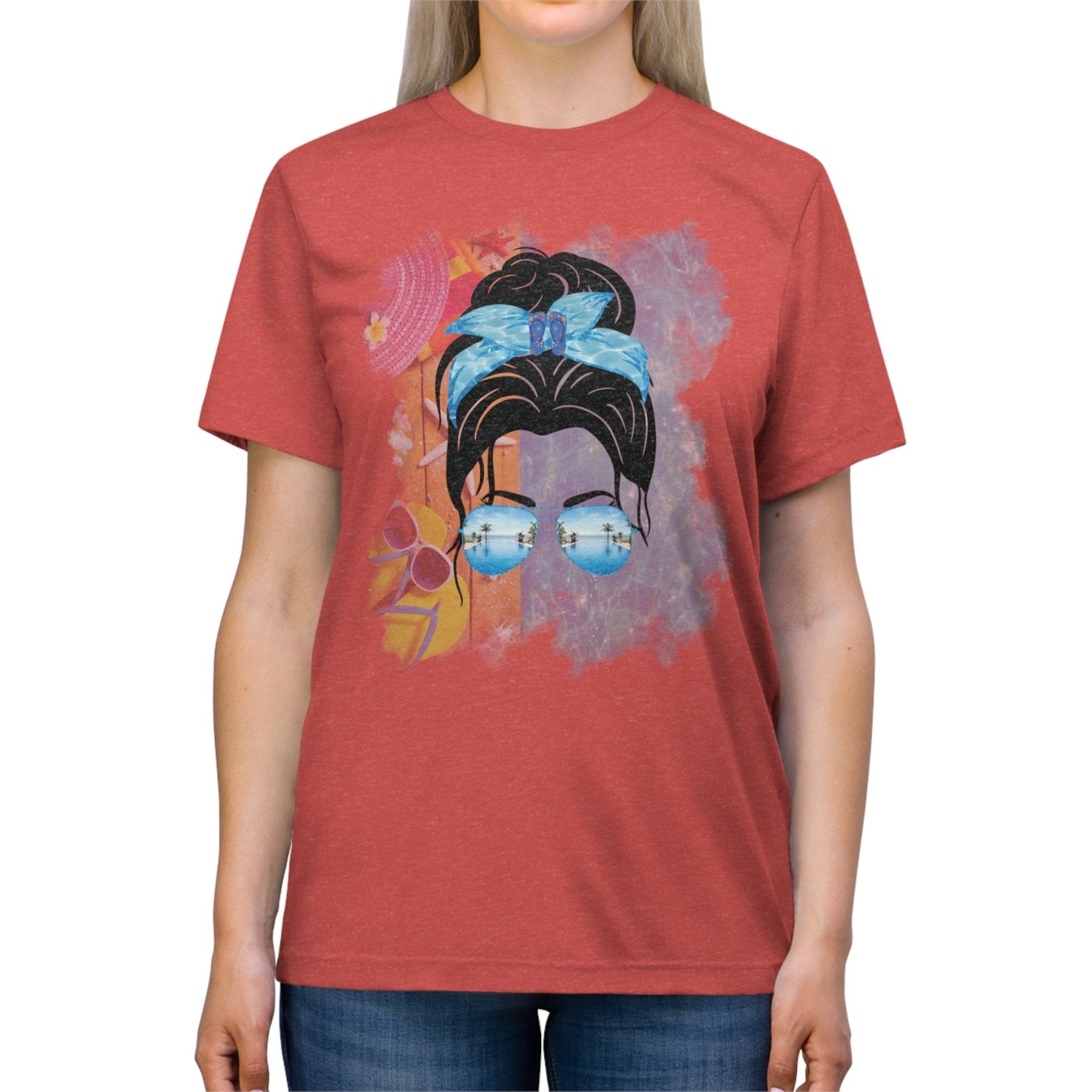 Black Hair Messy Bun, Pool Scene, Unisex Triblend T - Shirt - Janlyn's Crafts