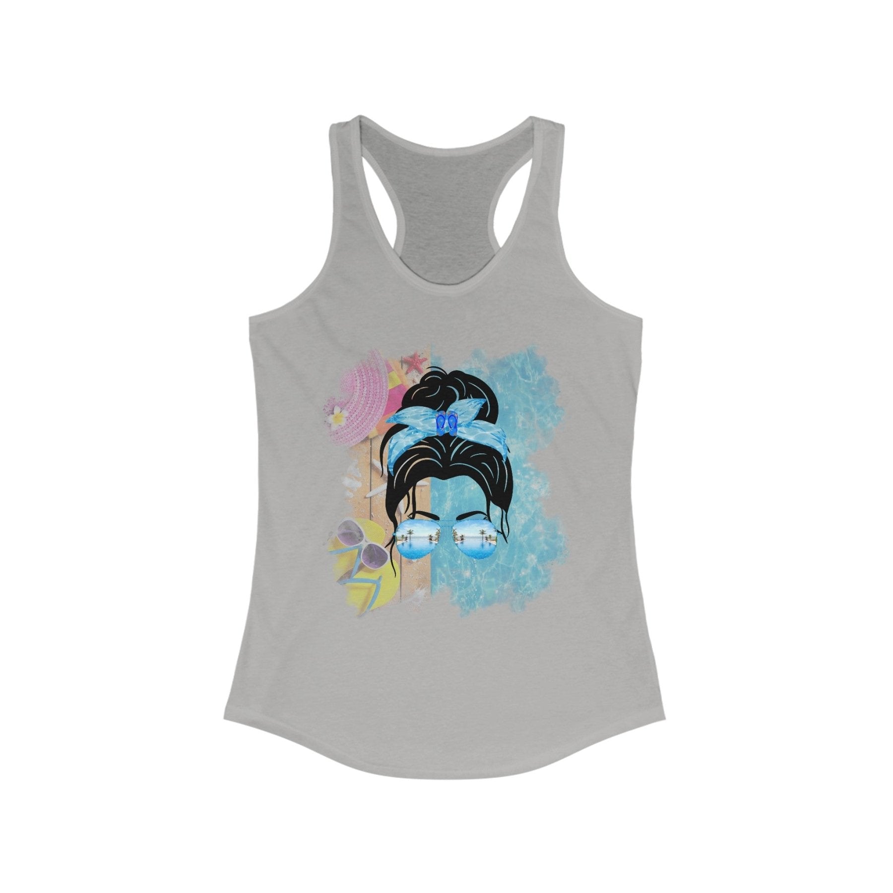 Black Hair Messy Bun, Pool Scene, Women's Ideal Racerback Tank - Janlyn's Crafts