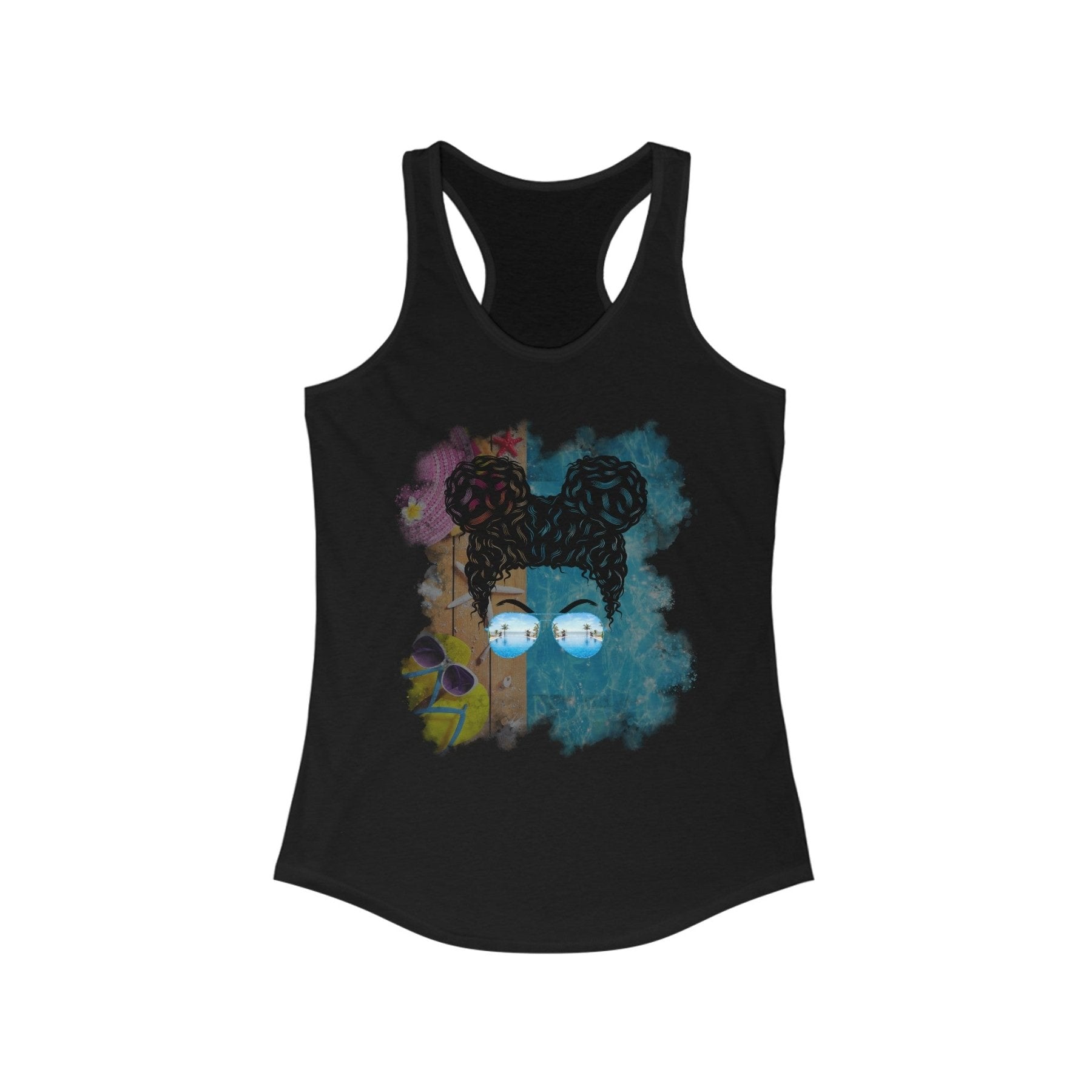 Black Hair Messy Bun, Pool Scene, Women's Ideal Racerback Tank - Janlyn's Crafts