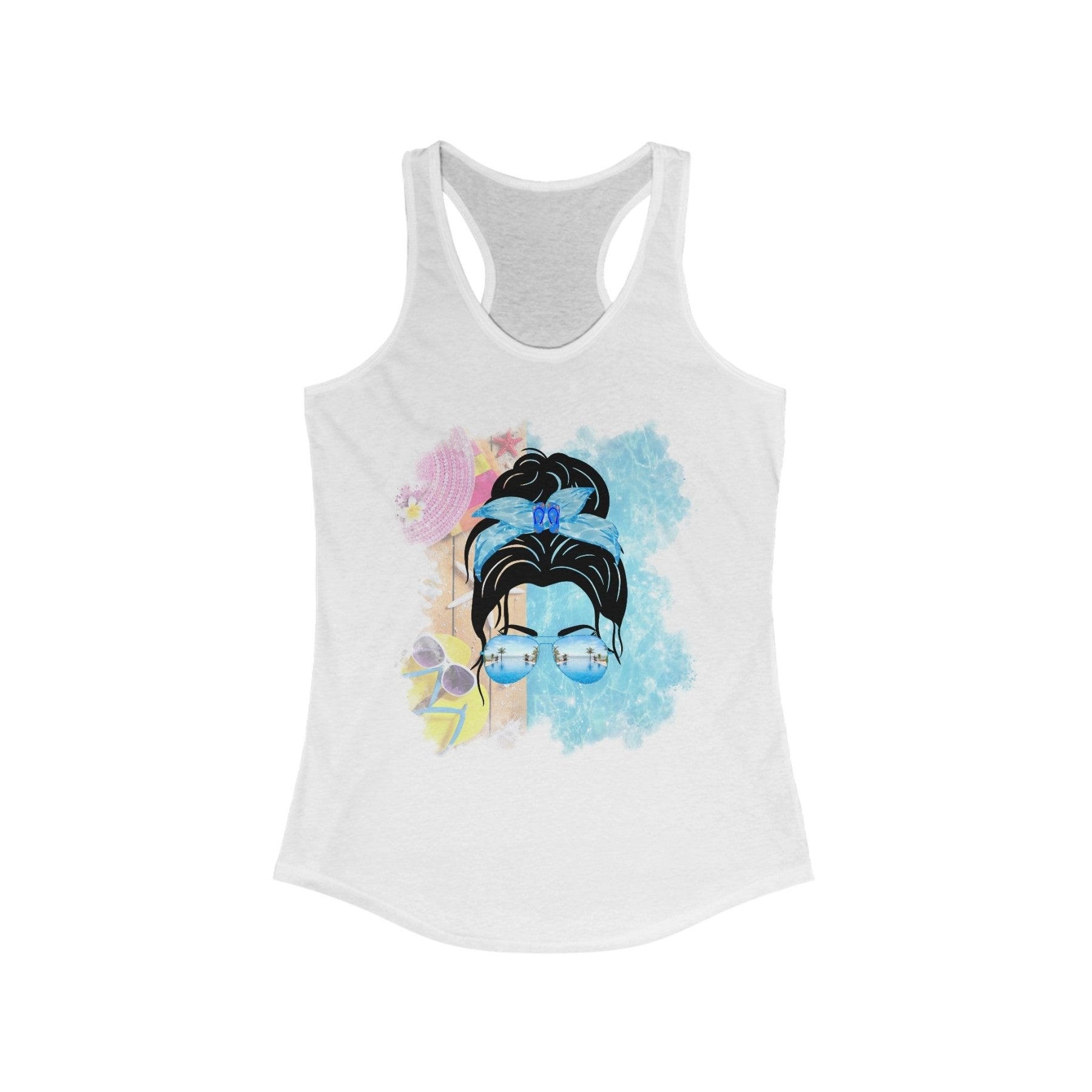 Black Hair Messy Bun, Pool Scene, Women's Ideal Racerback Tank - Janlyn's Crafts