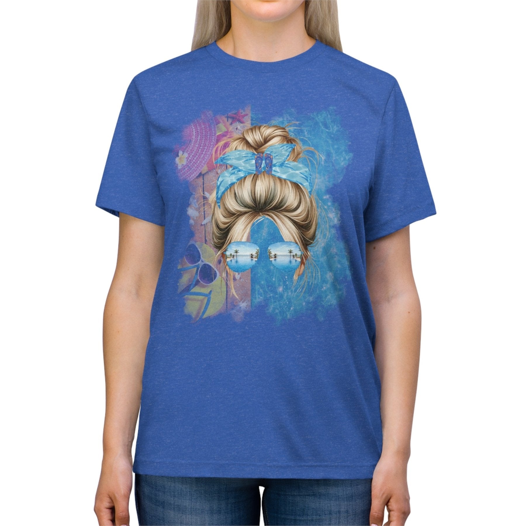 Blond Hair Messy Bun, Pool Scene, Unisex Triblend T - Shirt - Janlyn's Crafts