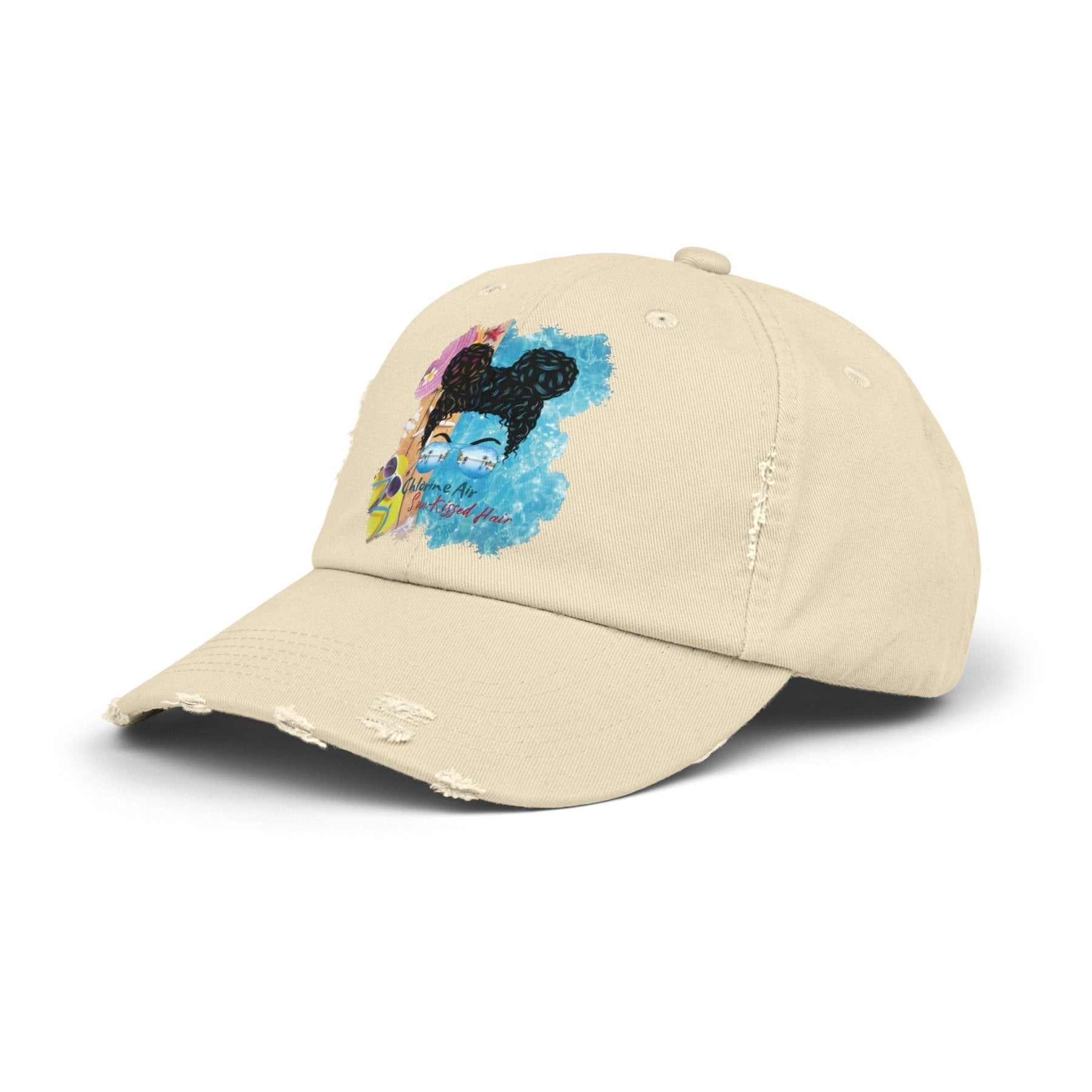 Chlorine Air Sun - Kissed Hair, Black Hair Messy Bun, Pool Scene, Unisex Distressed Cap - Janlyn's Crafts