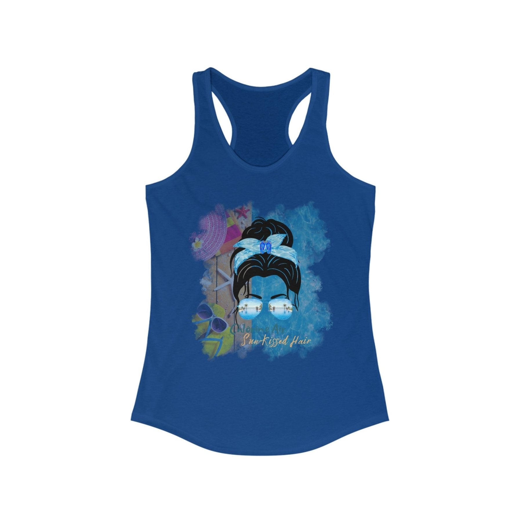 Chlorine Air Sun - Kissed Hair, Black Hair Messy Bun, Pool Scene, Women's Ideal Racerback Tank - Janlyn's Crafts