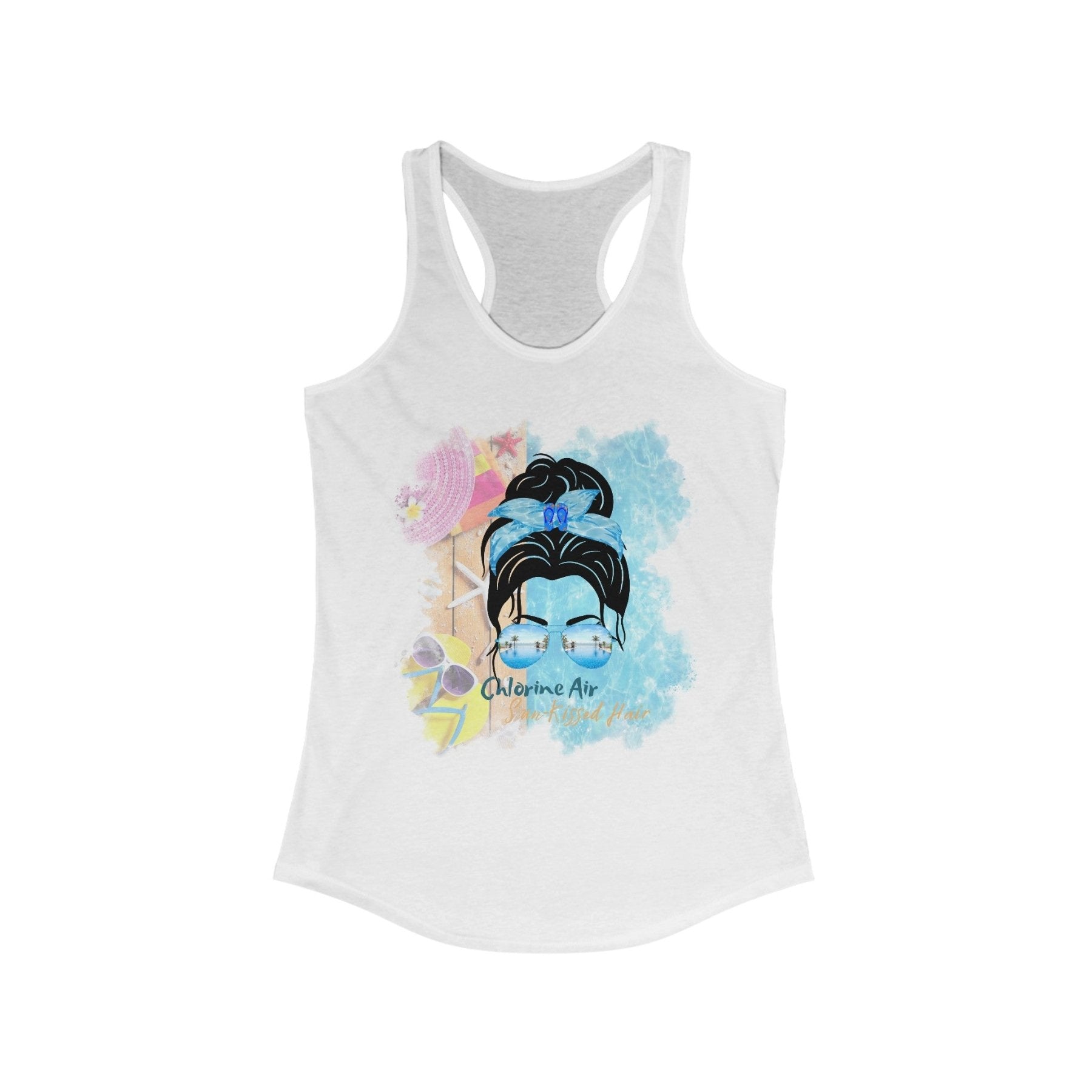 Chlorine Air Sun - Kissed Hair, Black Hair Messy Bun, Pool Scene, Women's Ideal Racerback Tank - Janlyn's Crafts