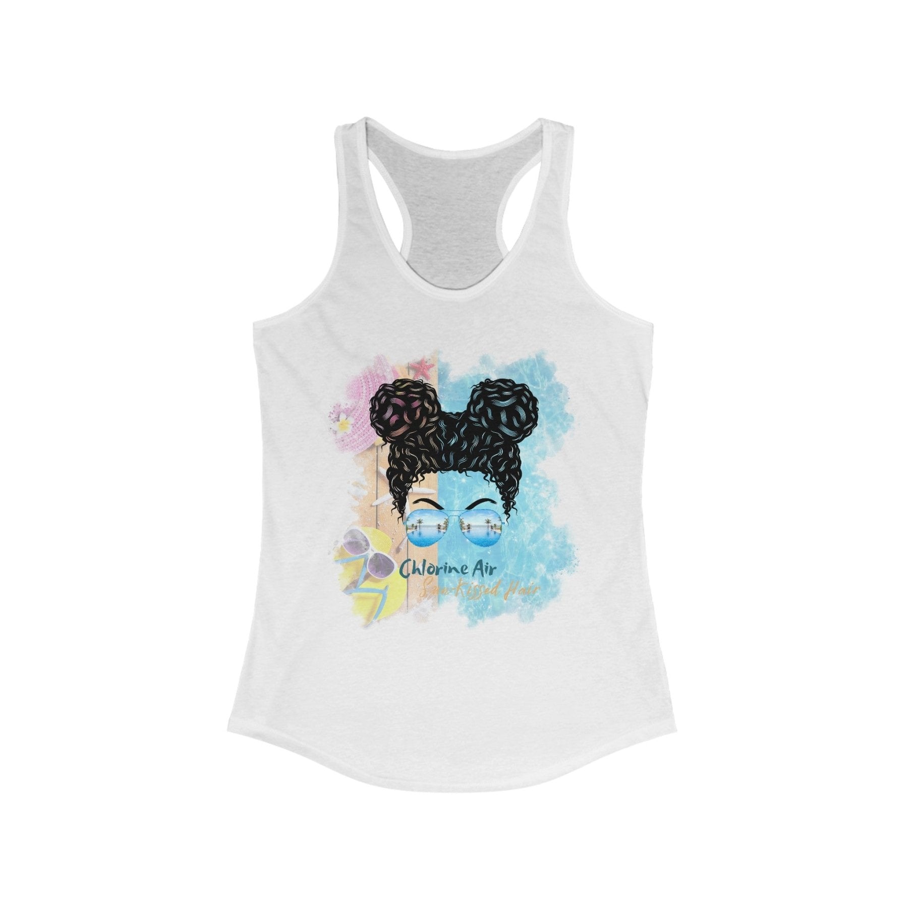 Chlorine Air Sun - Kissed Hair, Black Hair Messy Bun, Pool Scene, Women's Ideal Racerback Tank - Janlyn's Crafts