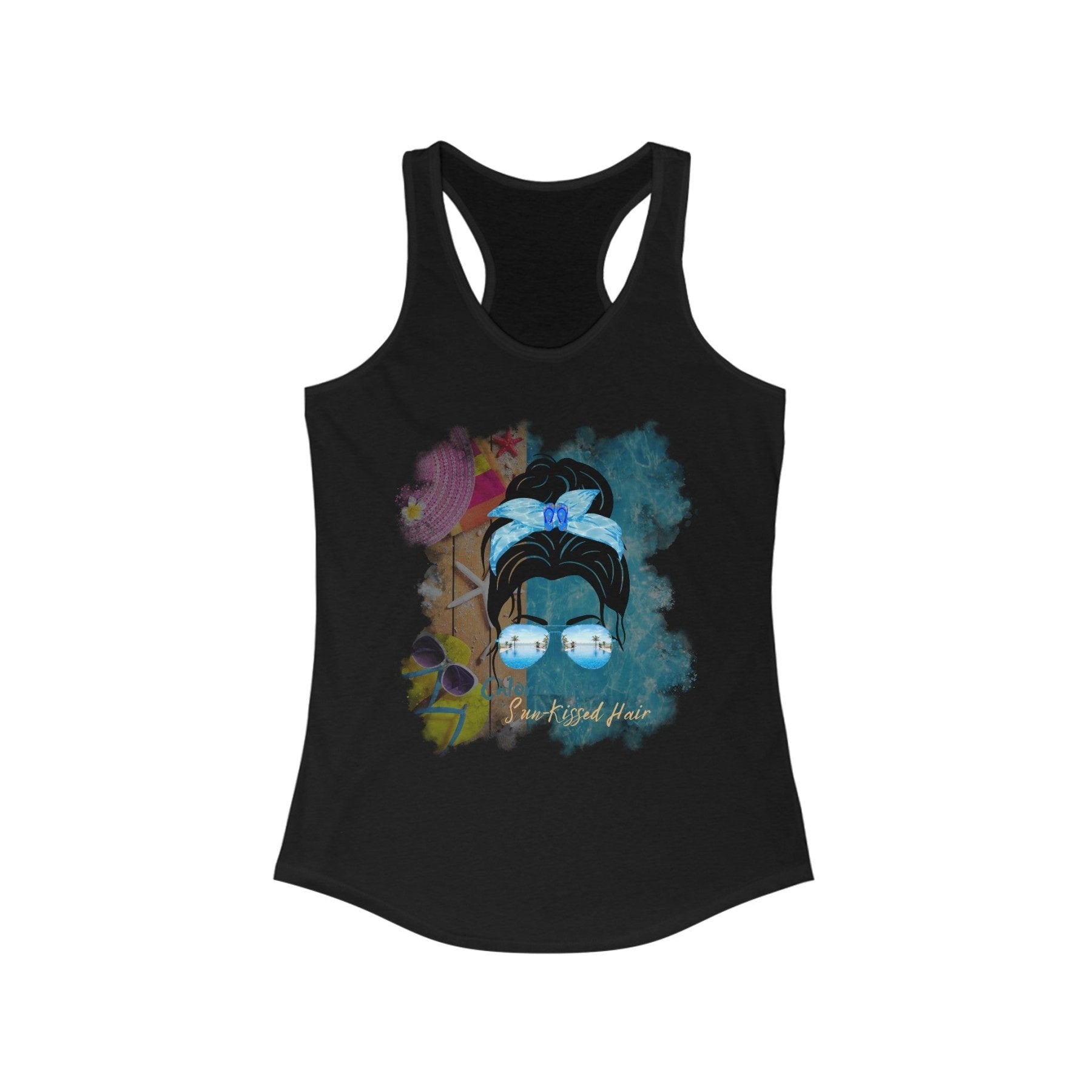 Chlorine Air Sun - Kissed Hair, Black Hair Messy Bun, Pool Scene, Women's Ideal Racerback Tank - Janlyn's Crafts