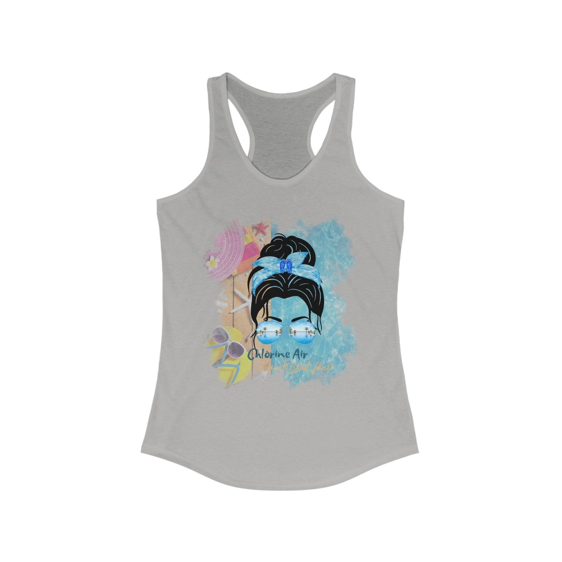 Chlorine Air Sun - Kissed Hair, Black Hair Messy Bun, Pool Scene, Women's Ideal Racerback Tank - Janlyn's Crafts