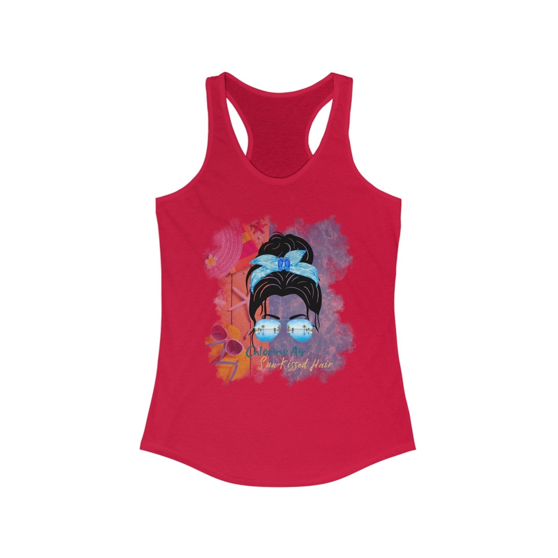 Chlorine Air Sun - Kissed Hair, Black Hair Messy Bun, Pool Scene, Women's Ideal Racerback Tank - Janlyn's Crafts