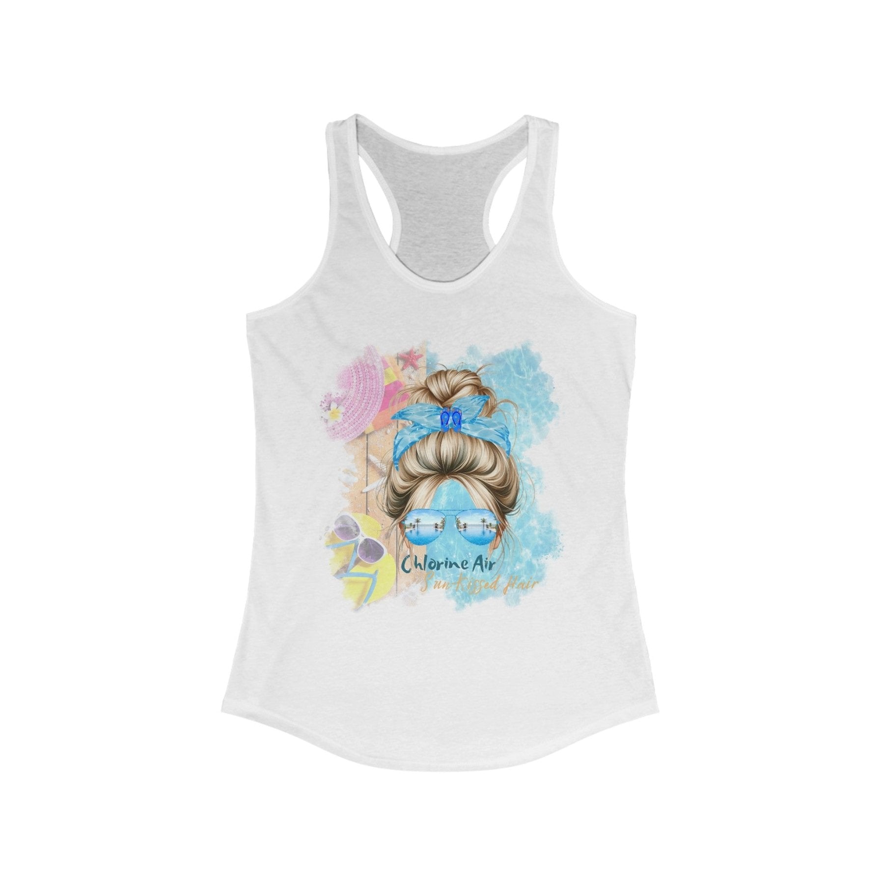 Chlorine Air Sun - Kissed Hair, Blond Hair Messy Bun, Pool Scene, Women's Ideal Racerback Tank - Janlyn's Crafts