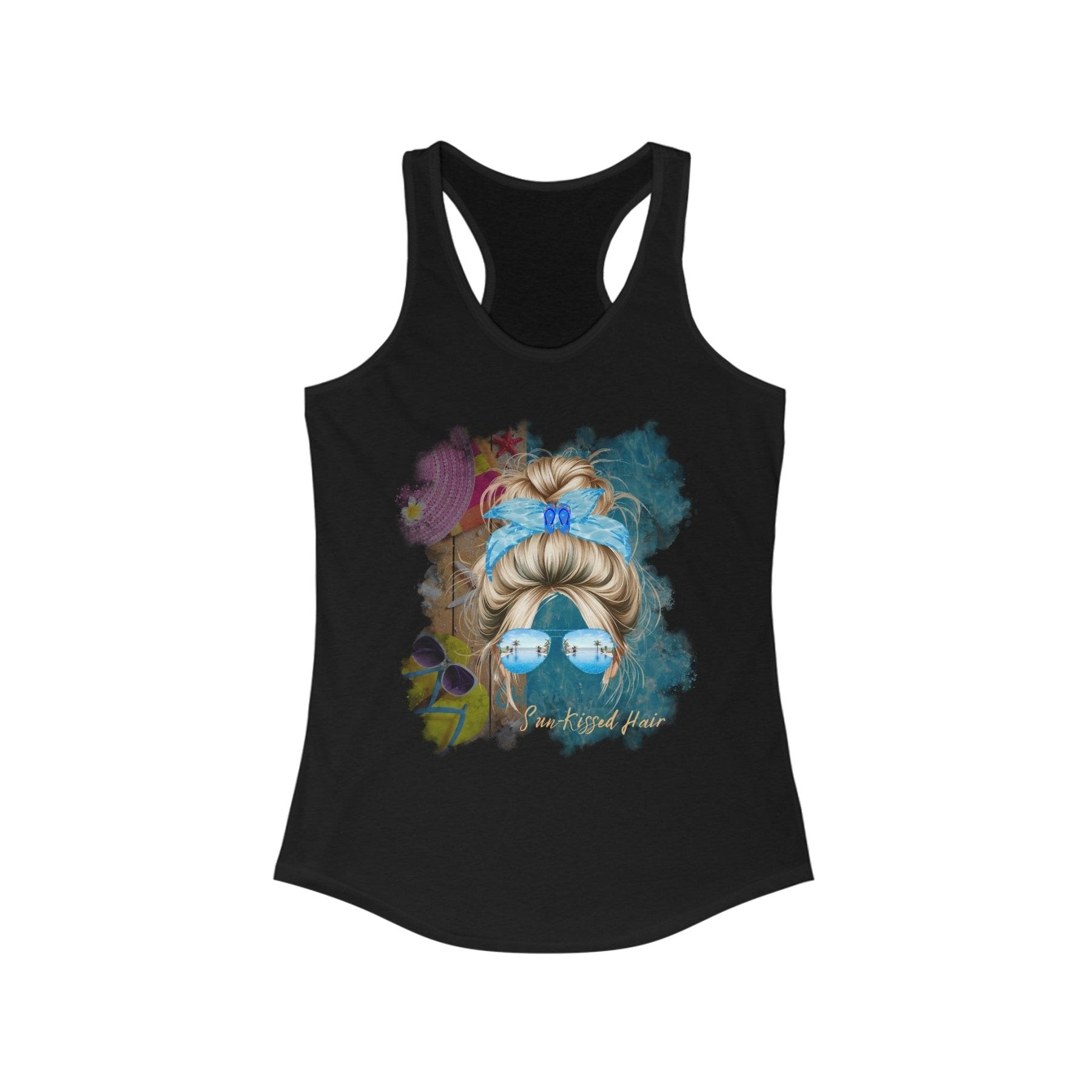 Chlorine Air Sun - Kissed Hair, Blond Hair Messy Bun, Pool Scene, Women's Ideal Racerback Tank - Janlyn's Crafts