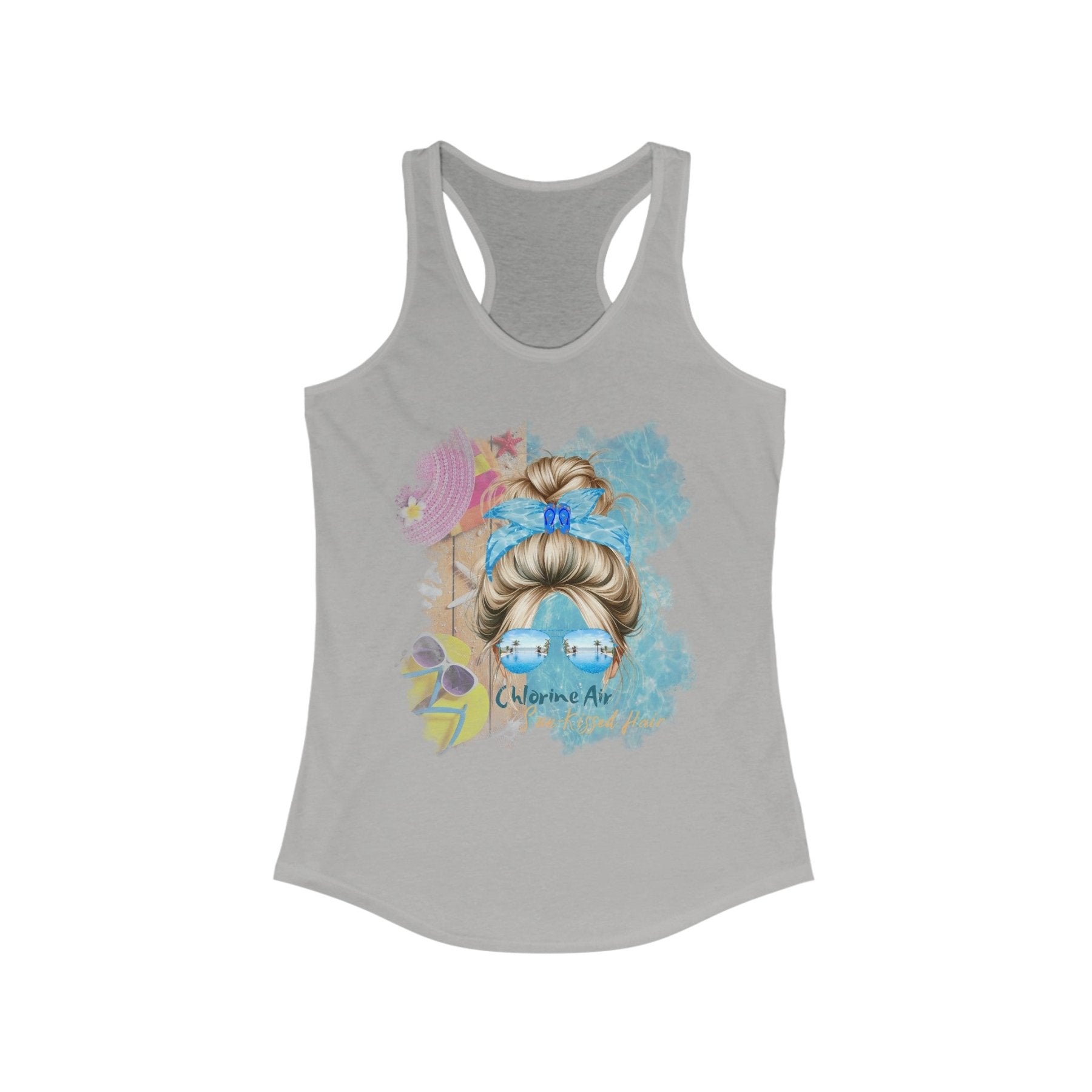 Chlorine Air Sun - Kissed Hair, Blond Hair Messy Bun, Pool Scene, Women's Ideal Racerback Tank - Janlyn's Crafts