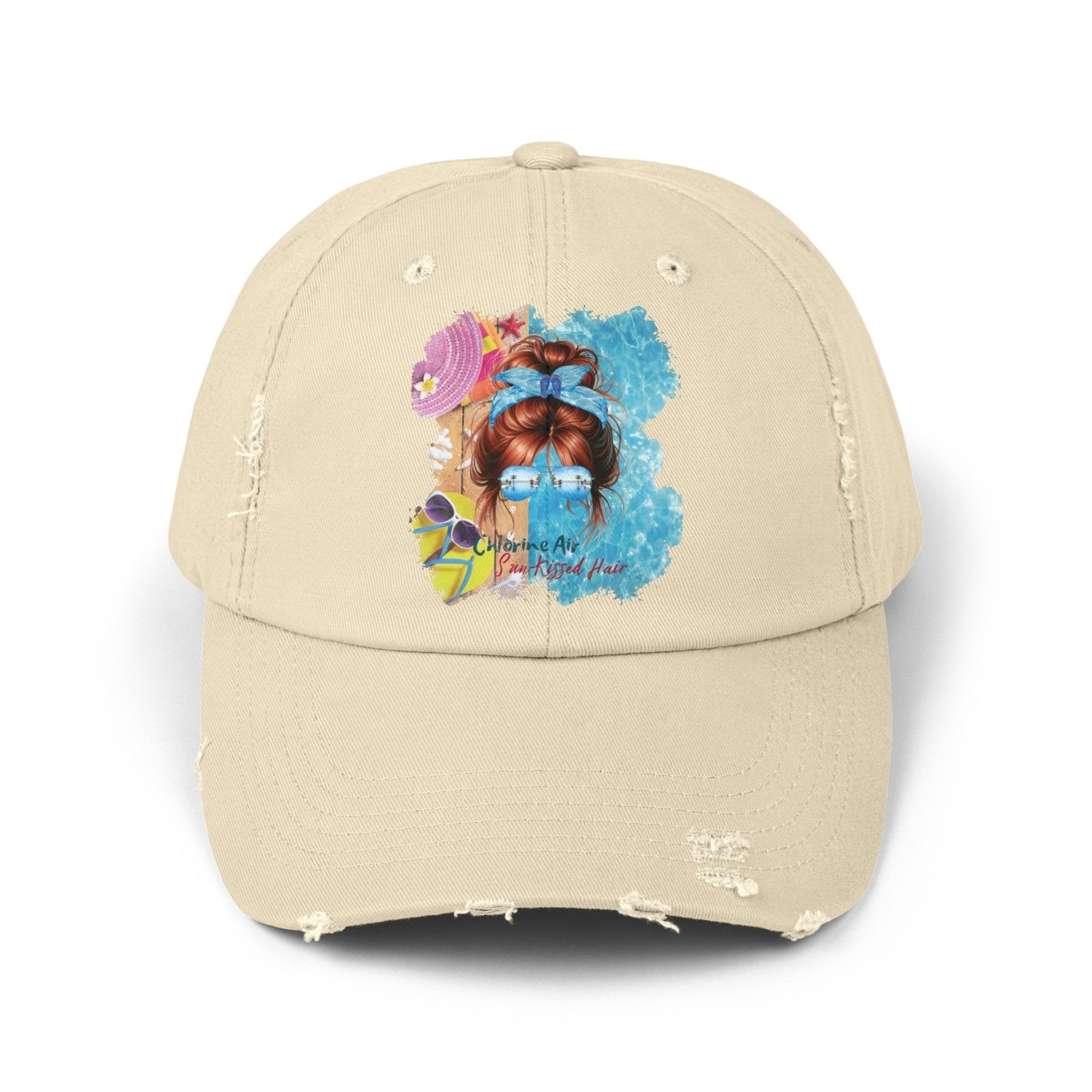 Chlorine Air Sun - Kissed Hair, Red Hair Messy Bun, Pool Scene, Unisex Distressed Cap - Janlyn's Crafts