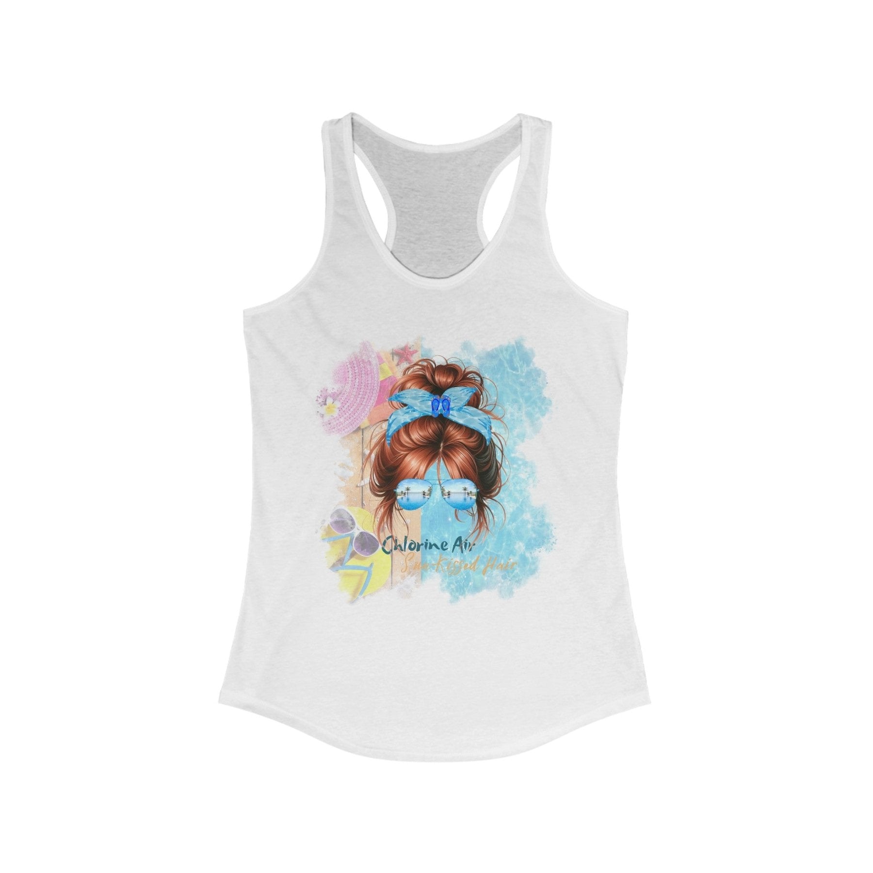 Chlorine Air Sun - Kissed Hair, Red Hair Messy Bun, Pool Scene, Women's Ideal Racerback Tank - Janlyn's Crafts