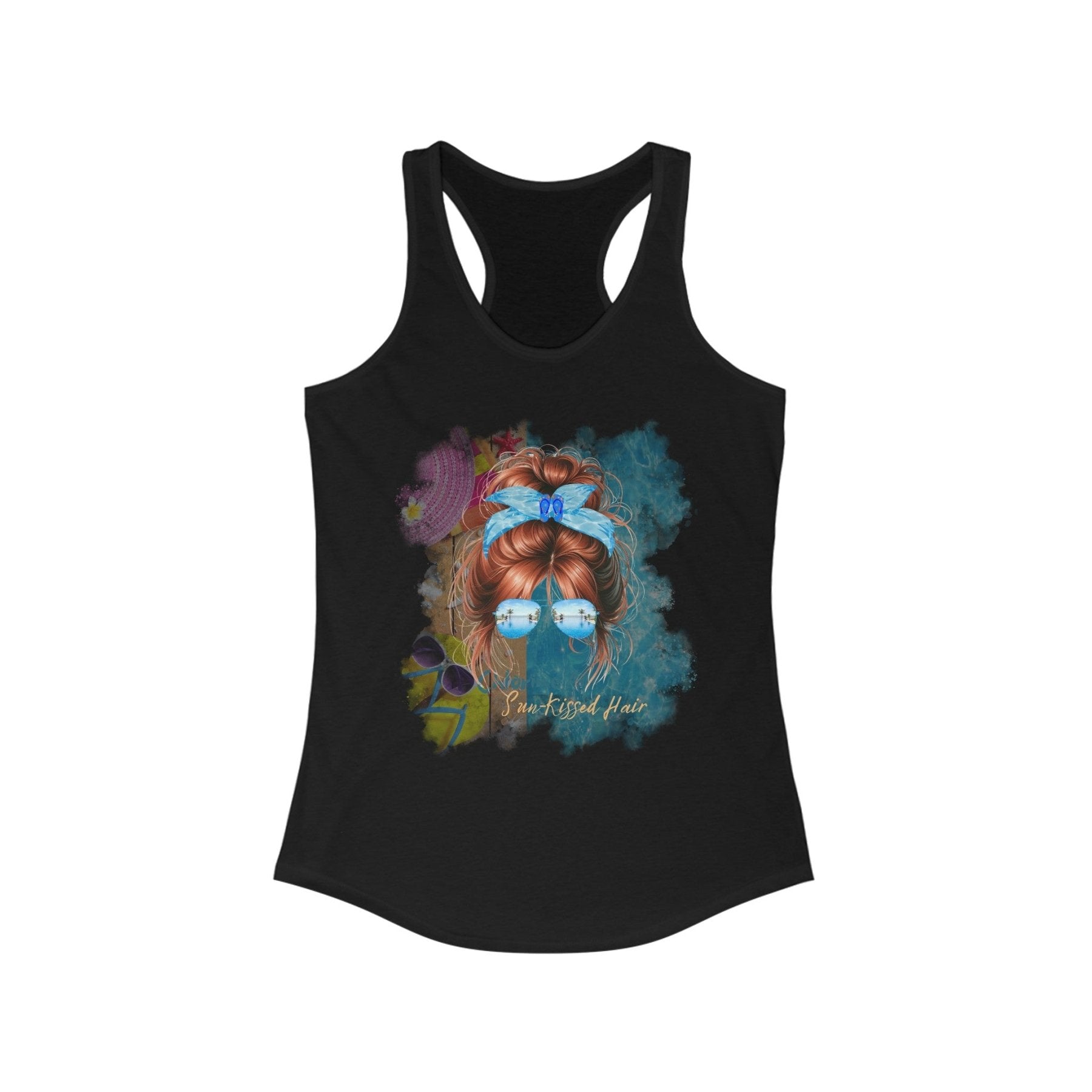 Chlorine Air Sun - Kissed Hair, Red Hair Messy Bun, Pool Scene, Women's Ideal Racerback Tank - Janlyn's Crafts