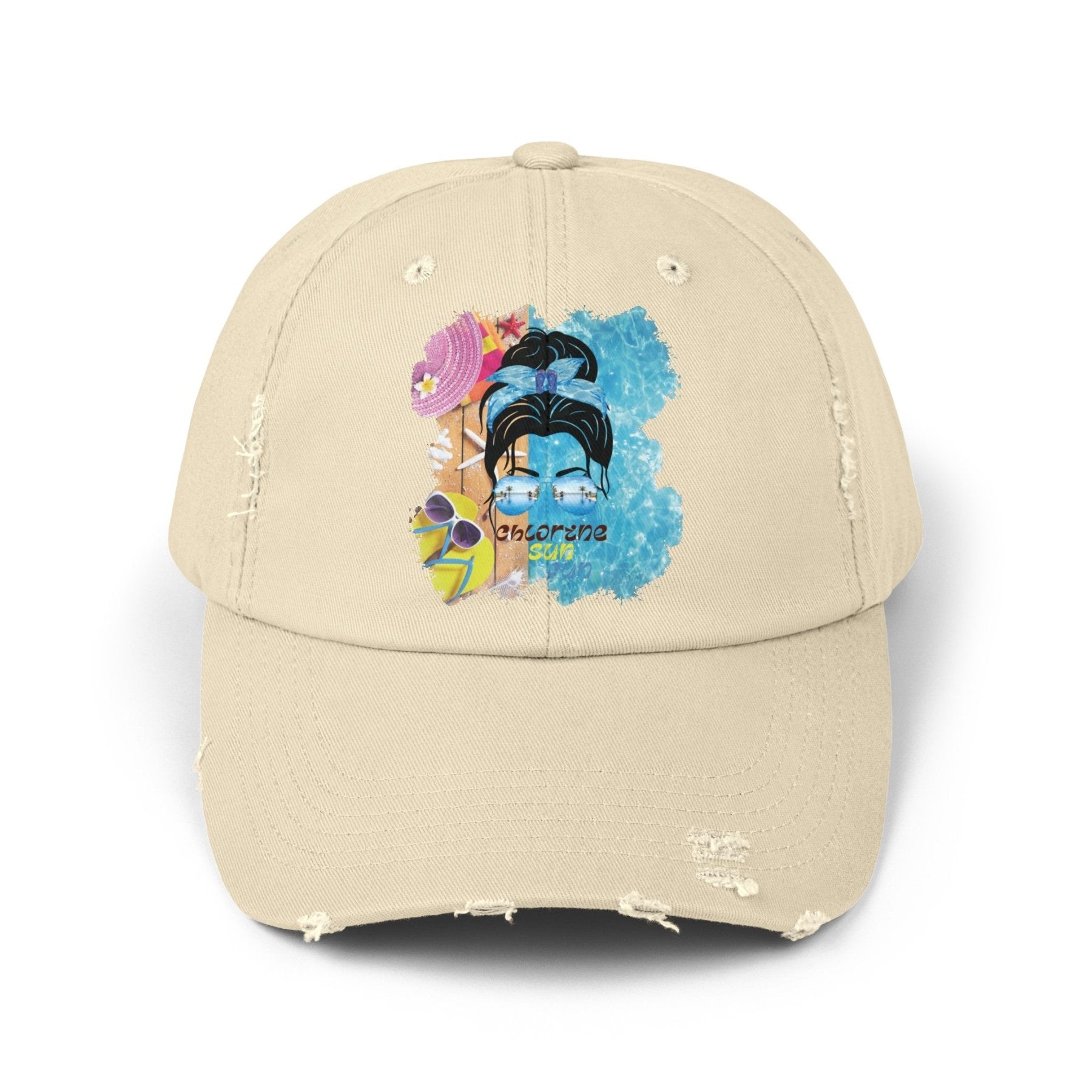 Chlorine Sun Fun, Black Hair Messy Bun, Pool Scene, Unisex Distressed Cap - Janlyn's Crafts