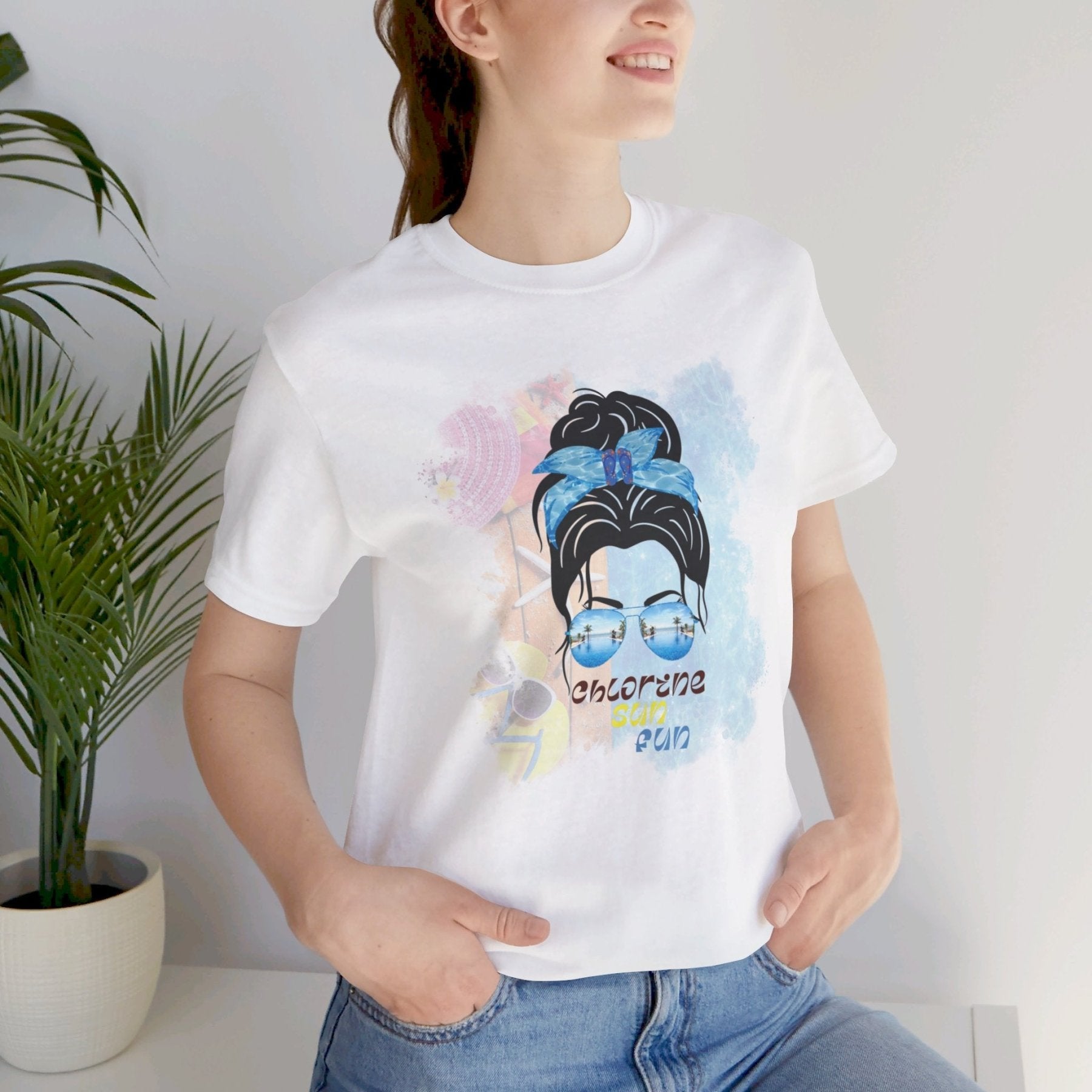 chlorine sun fun, Black Hair Messy Bun, Pool Scene, Unisex Jersey Short Sleeve Tee - Janlyn's Crafts