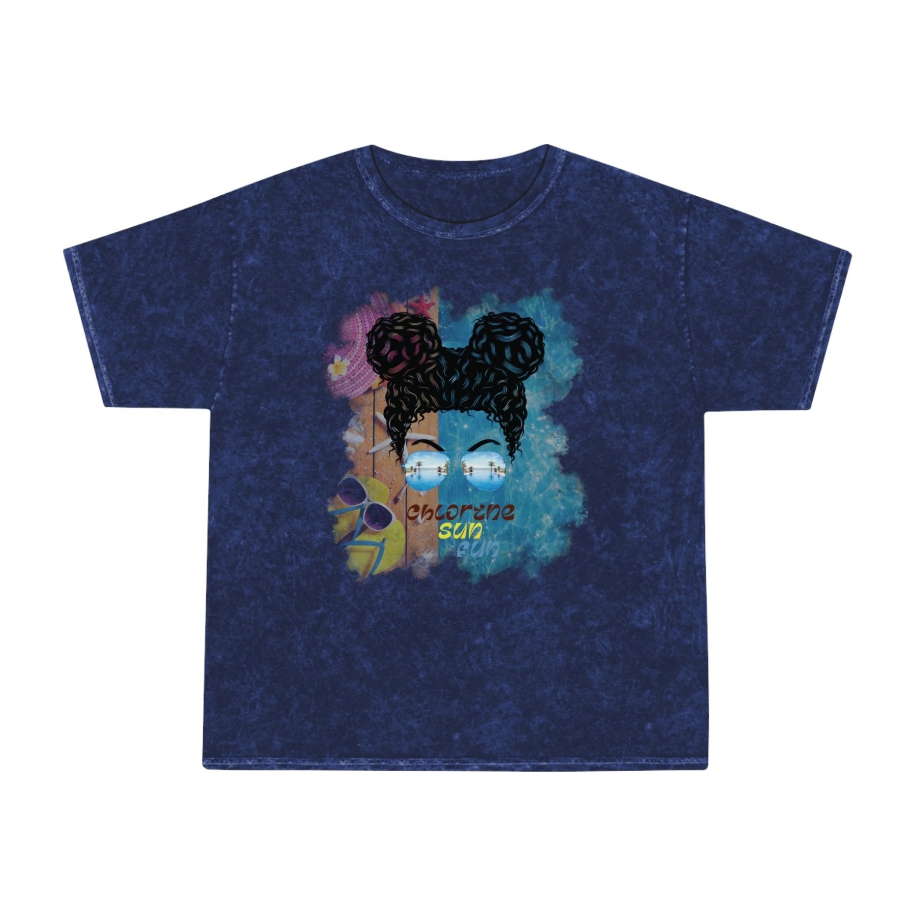 chlorine sun fun, Black Hair Messy Bun, Pool Scene, Unisex Mineral Wash T - Shirt - Janlyn's Crafts