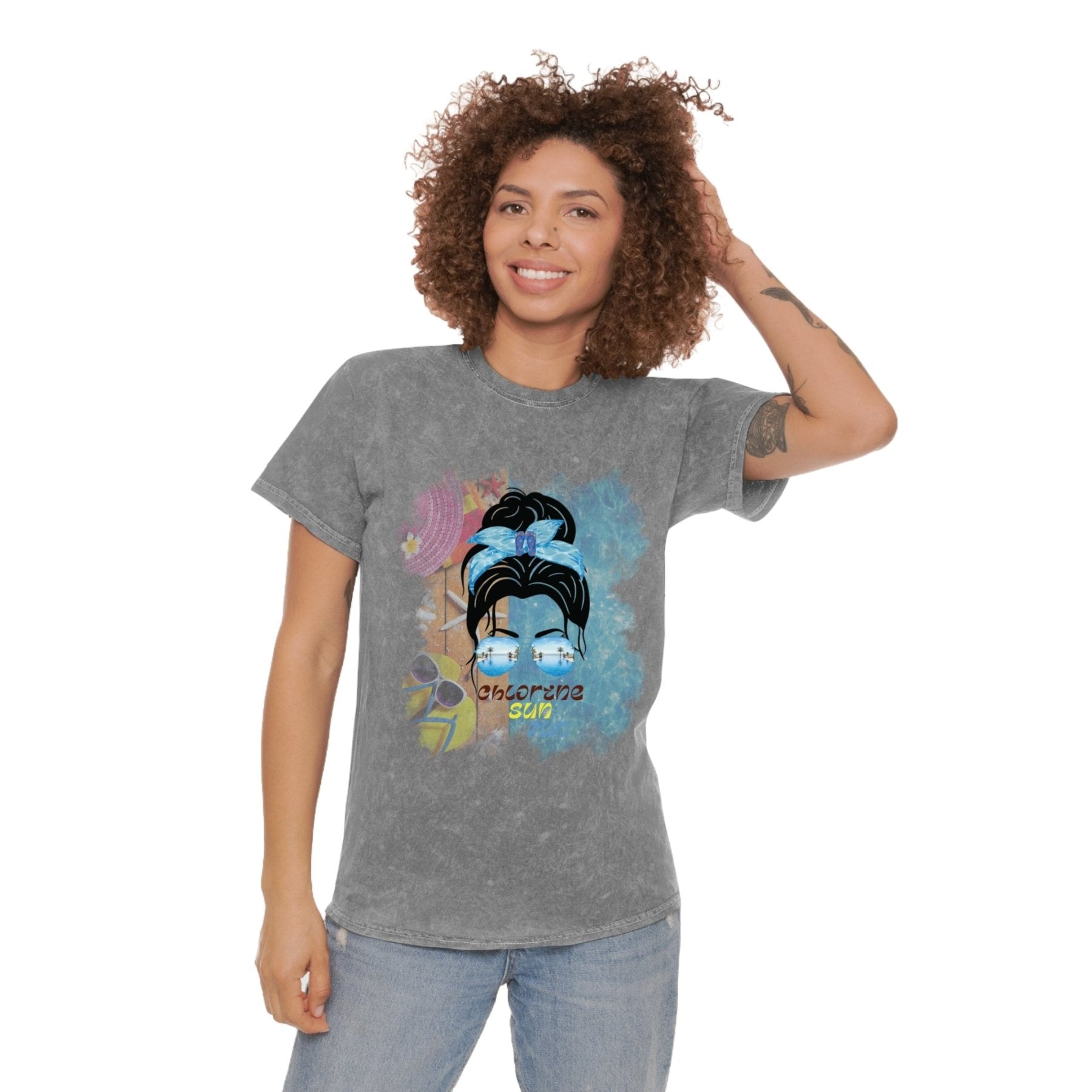 chlorine sun fun, Black Hair Messy Bun, Pool Scene, Unisex Mineral Wash T - Shirt - Janlyn's Crafts