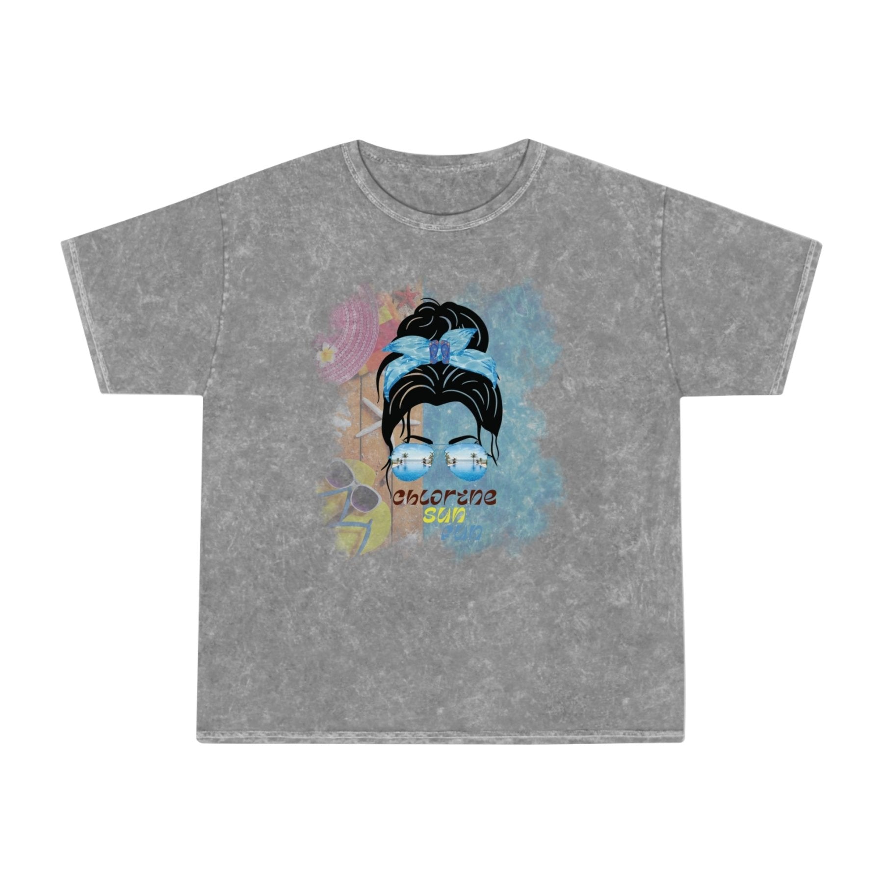 chlorine sun fun, Black Hair Messy Bun, Pool Scene, Unisex Mineral Wash T - Shirt - Janlyn's Crafts