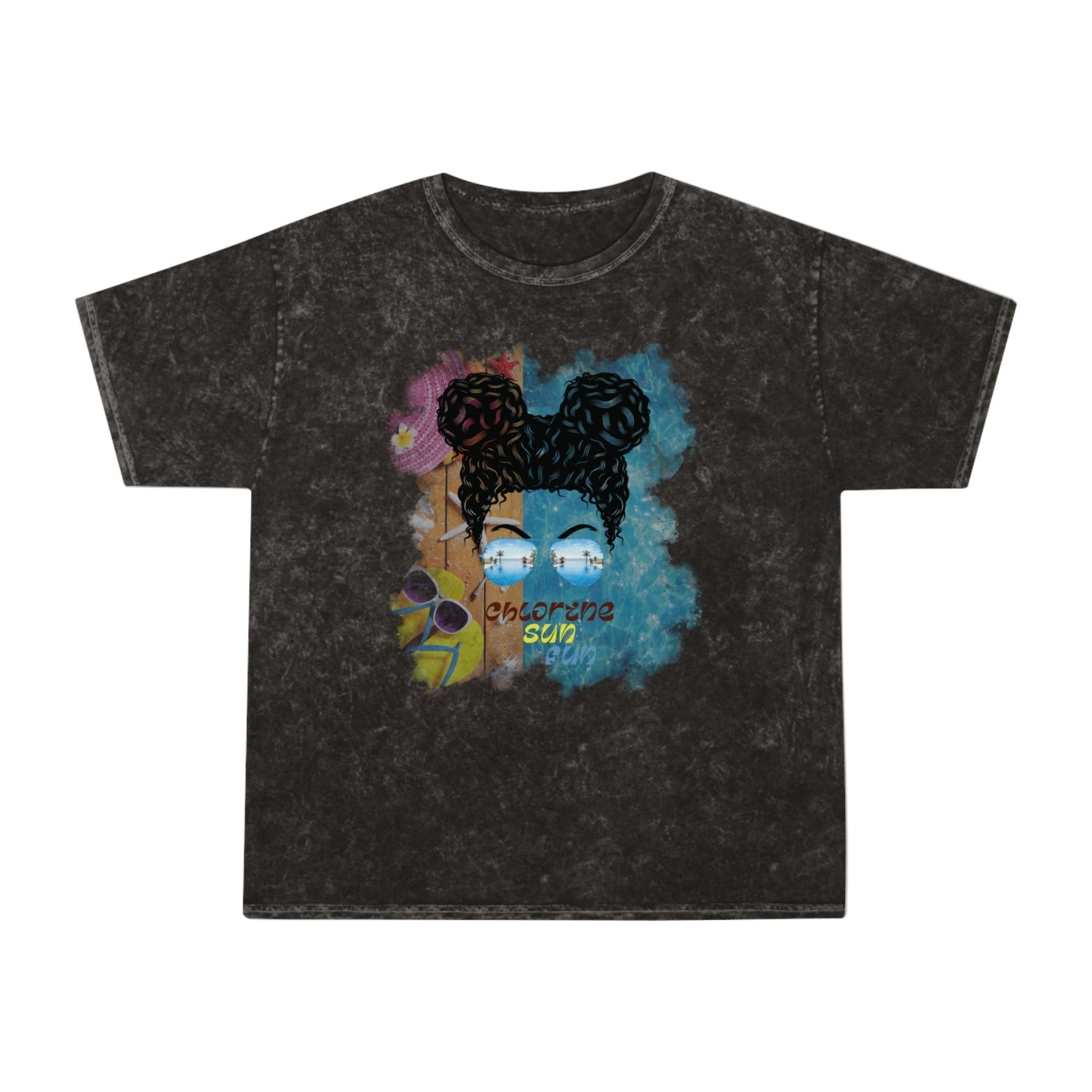 chlorine sun fun, Black Hair Messy Bun, Pool Scene, Unisex Mineral Wash T - Shirt - Janlyn's Crafts