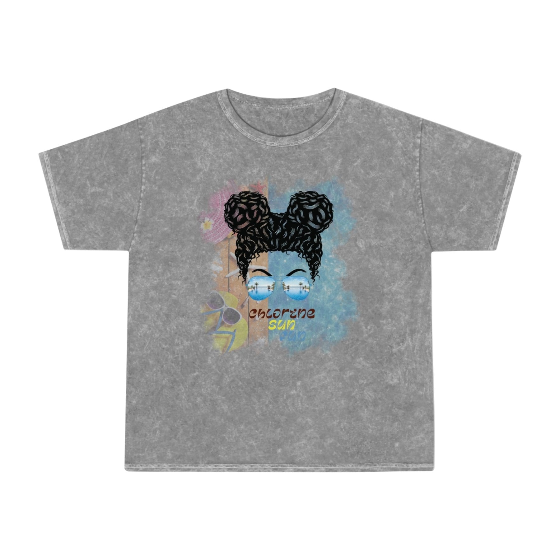 chlorine sun fun, Black Hair Messy Bun, Pool Scene, Unisex Mineral Wash T - Shirt - Janlyn's Crafts