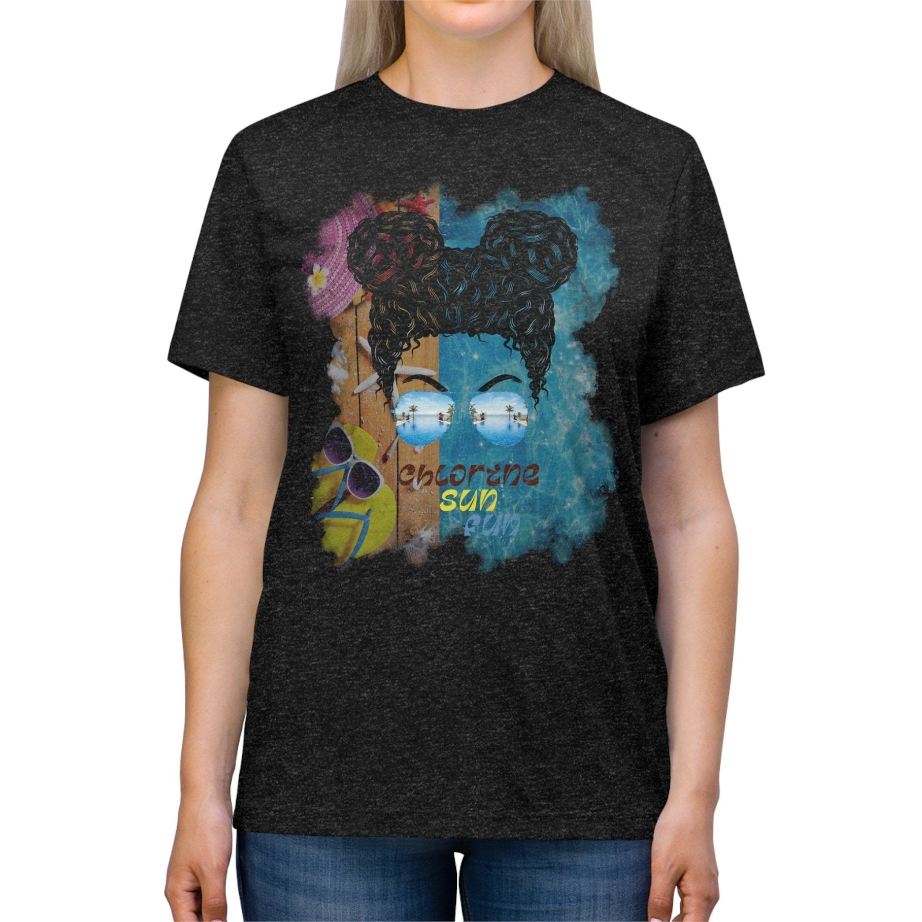 chlorine sun fun, Black Hair Messy Bun, Pool Scene, Unisex Triblend T - Shirt - Janlyn's Crafts