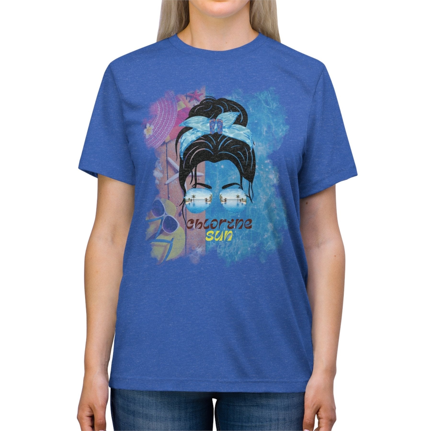 chlorine sun fun, Black Hair Messy Bun, Pool Scene, Unisex Triblend T - Shirt - Janlyn's Crafts