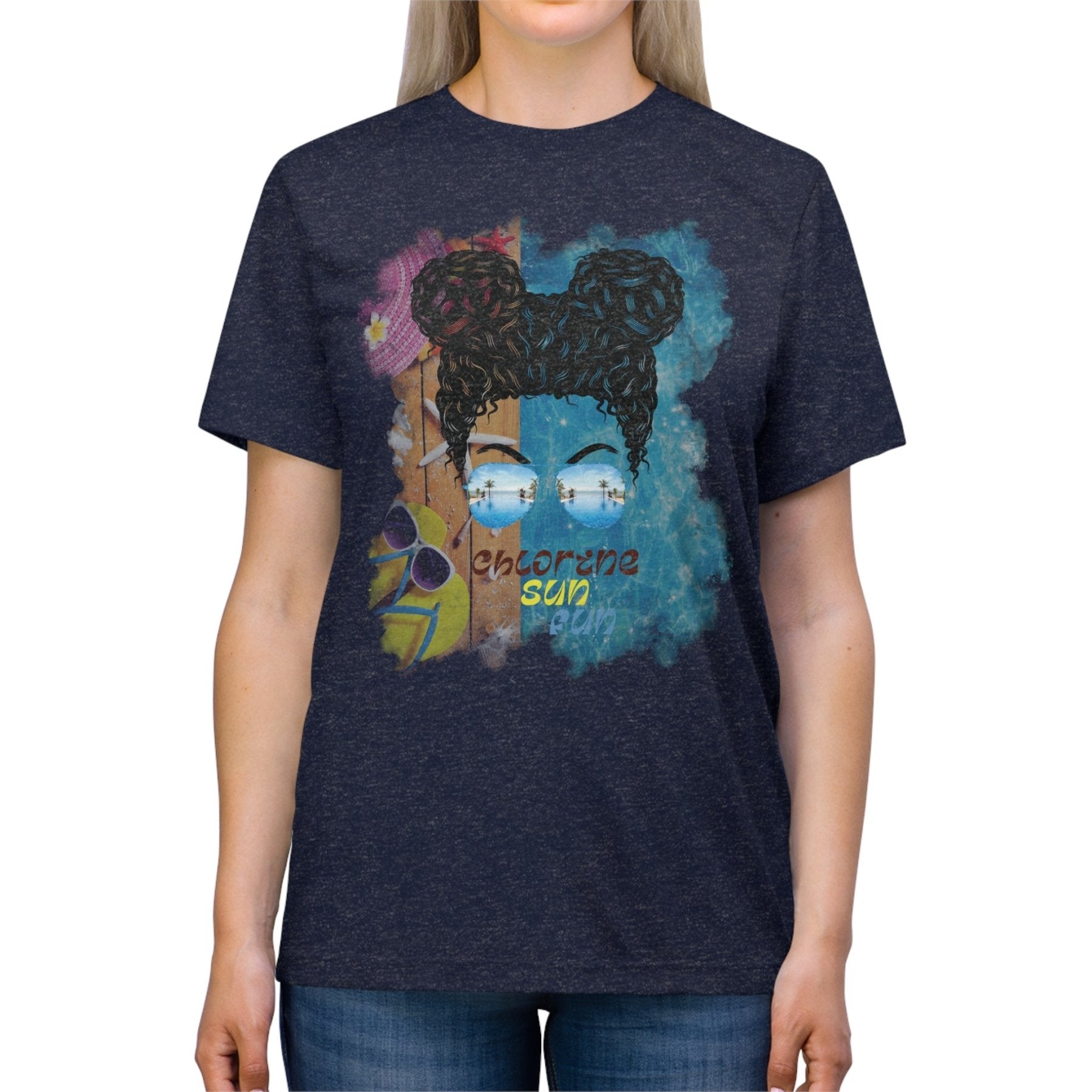 chlorine sun fun, Black Hair Messy Bun, Pool Scene, Unisex Triblend T - Shirt - Janlyn's Crafts