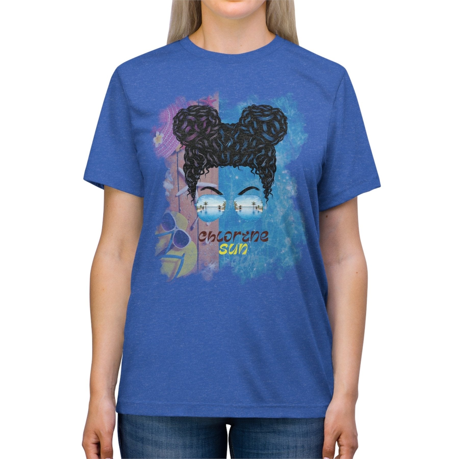 chlorine sun fun, Black Hair Messy Bun, Pool Scene, Unisex Triblend T - Shirt - Janlyn's Crafts