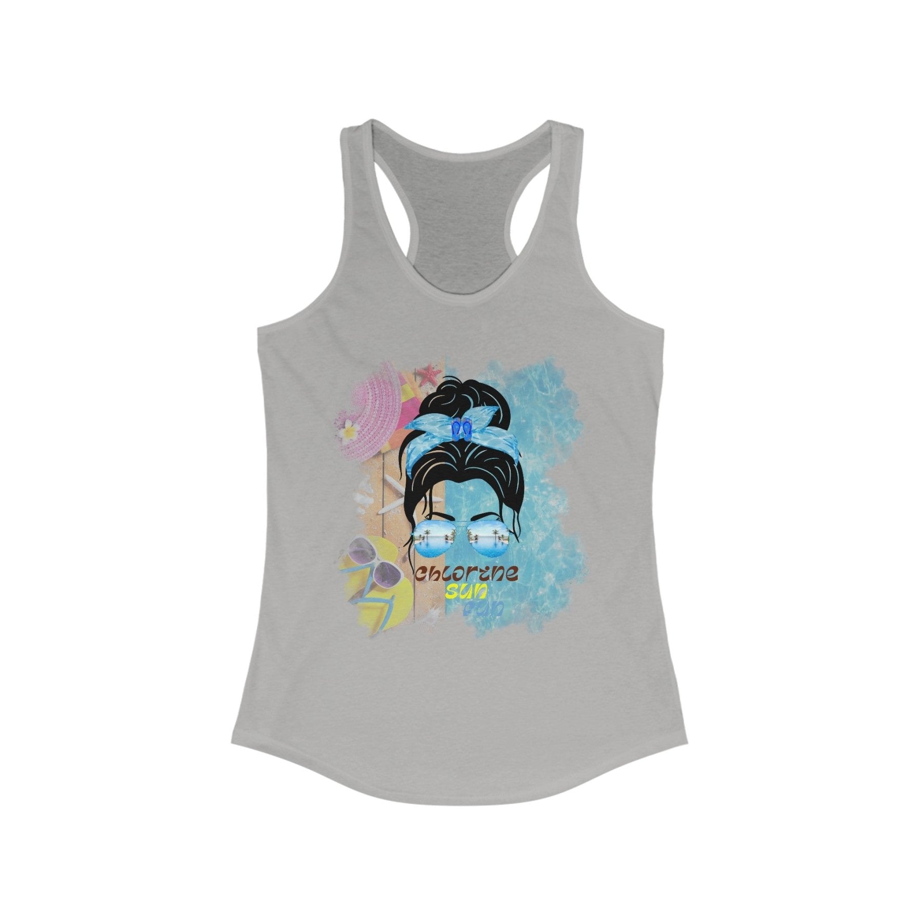 Chlorine Sun Fun, Black Hair Messy Bun, Pool Scene, Women's Ideal Racerback Tank - Janlyn's Crafts