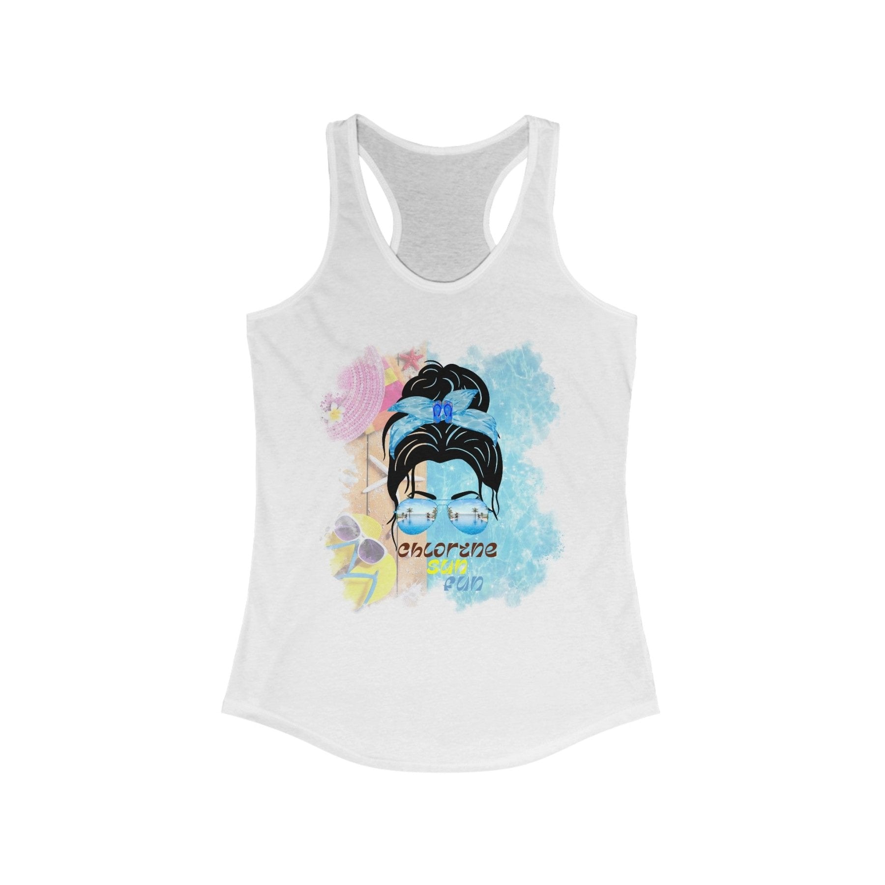 Chlorine Sun Fun, Black Hair Messy Bun, Pool Scene, Women's Ideal Racerback Tank - Janlyn's Crafts