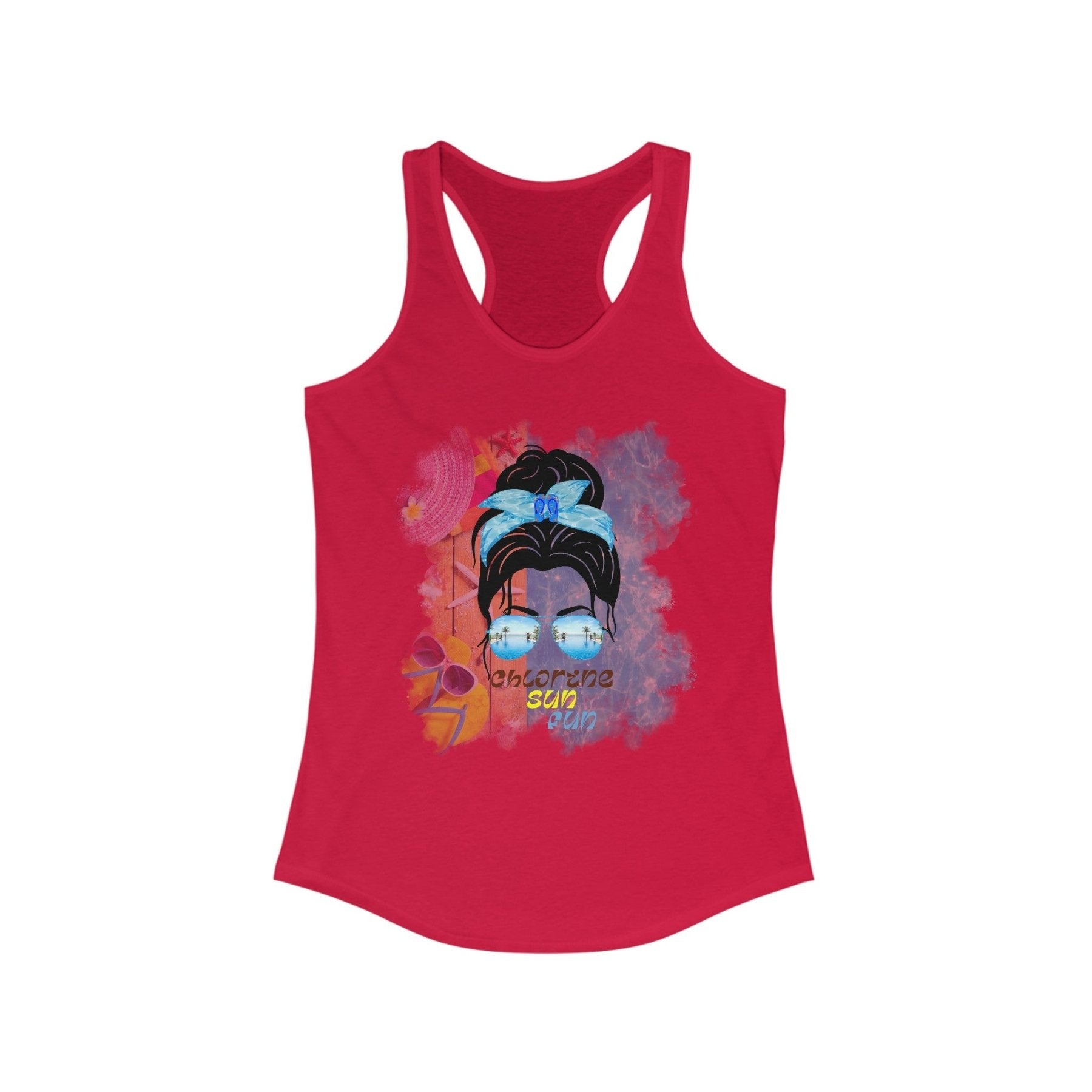 Chlorine Sun Fun, Black Hair Messy Bun, Pool Scene, Women's Ideal Racerback Tank - Janlyn's Crafts